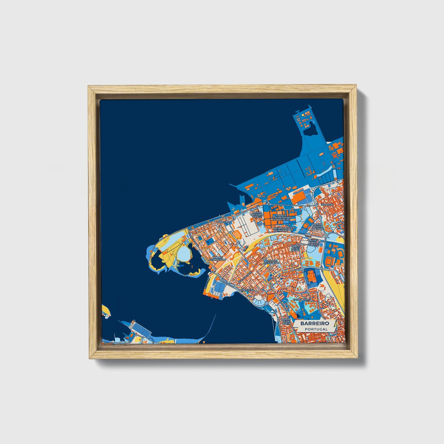 Barreiro Portugal Colorful City Map Canvas Print • Natural Wooden Framed