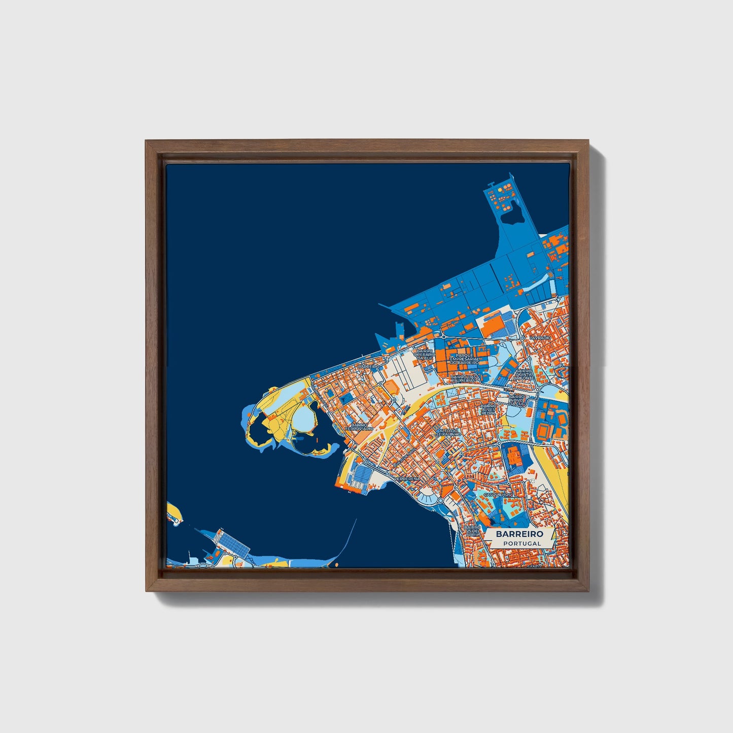 Barreiro Portugal Colorful City Map Canvas Print • Dark Wooden Framed