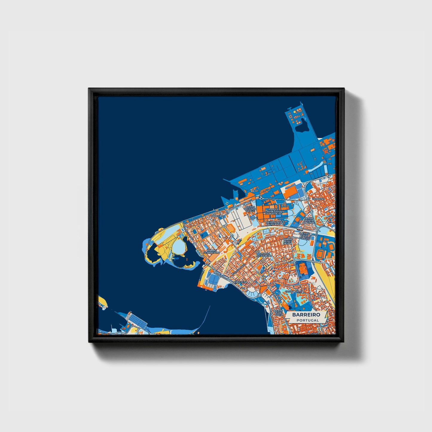 Barreiro Portugal Colorful City Map Canvas Print • Black Framed
