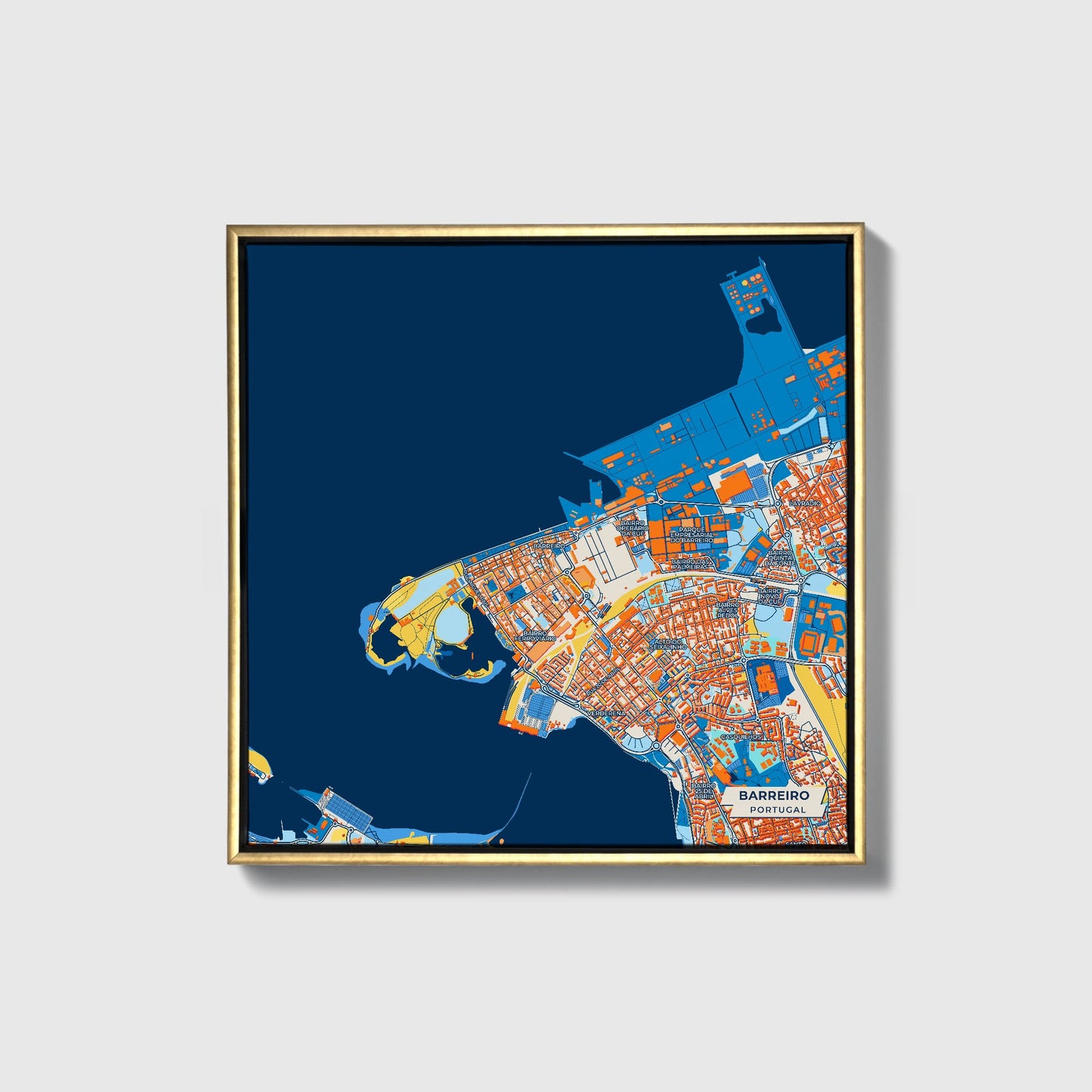 Barreiro Portugal Colorful City Map Canvas Print • Gold Framed