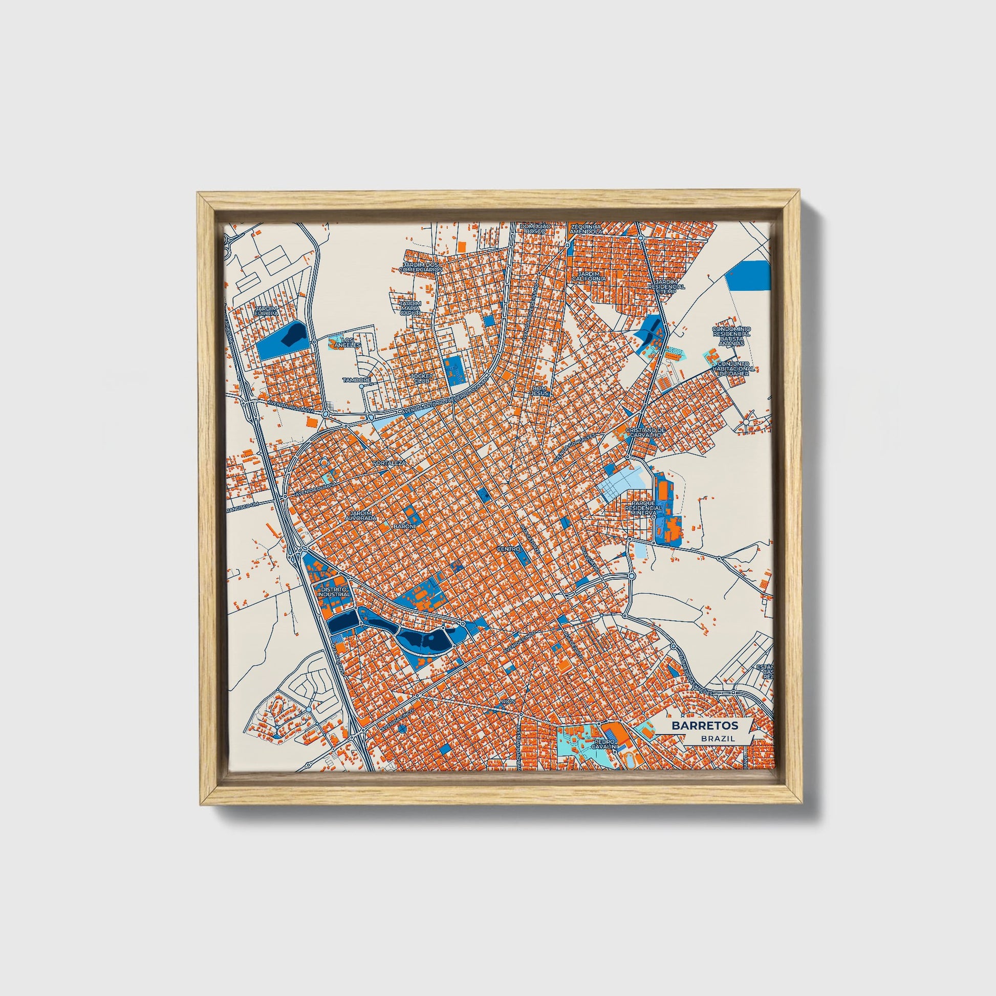 Barretos Brazil Colorful City Map Canvas Print • Natural Wooden Framed