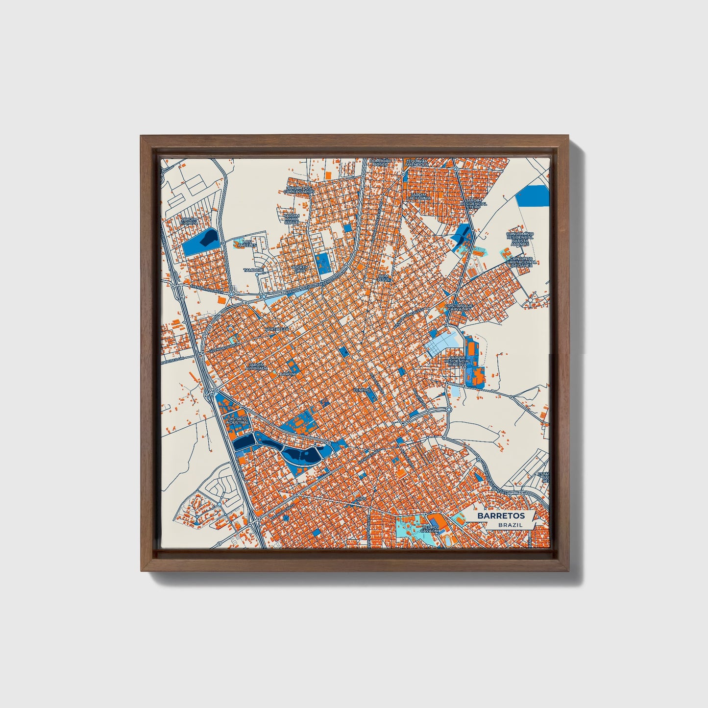 Barretos Brazil Colorful City Map Canvas Print • Dark Wooden Framed