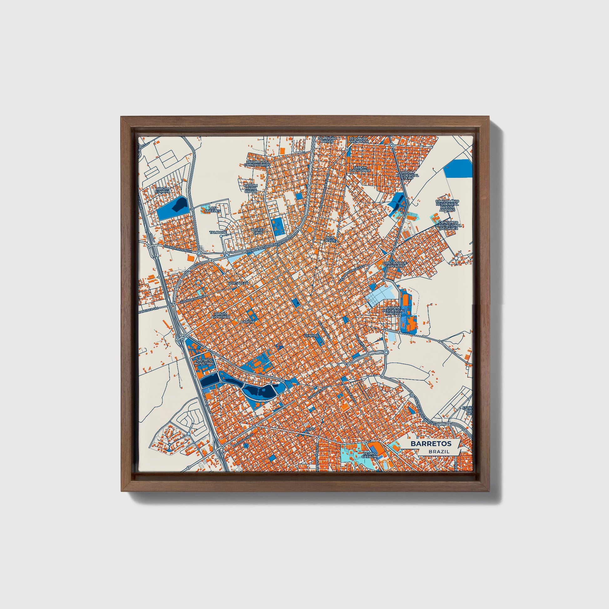 Barretos Brazil Colorful City Map Canvas Print • Dark Wooden Framed