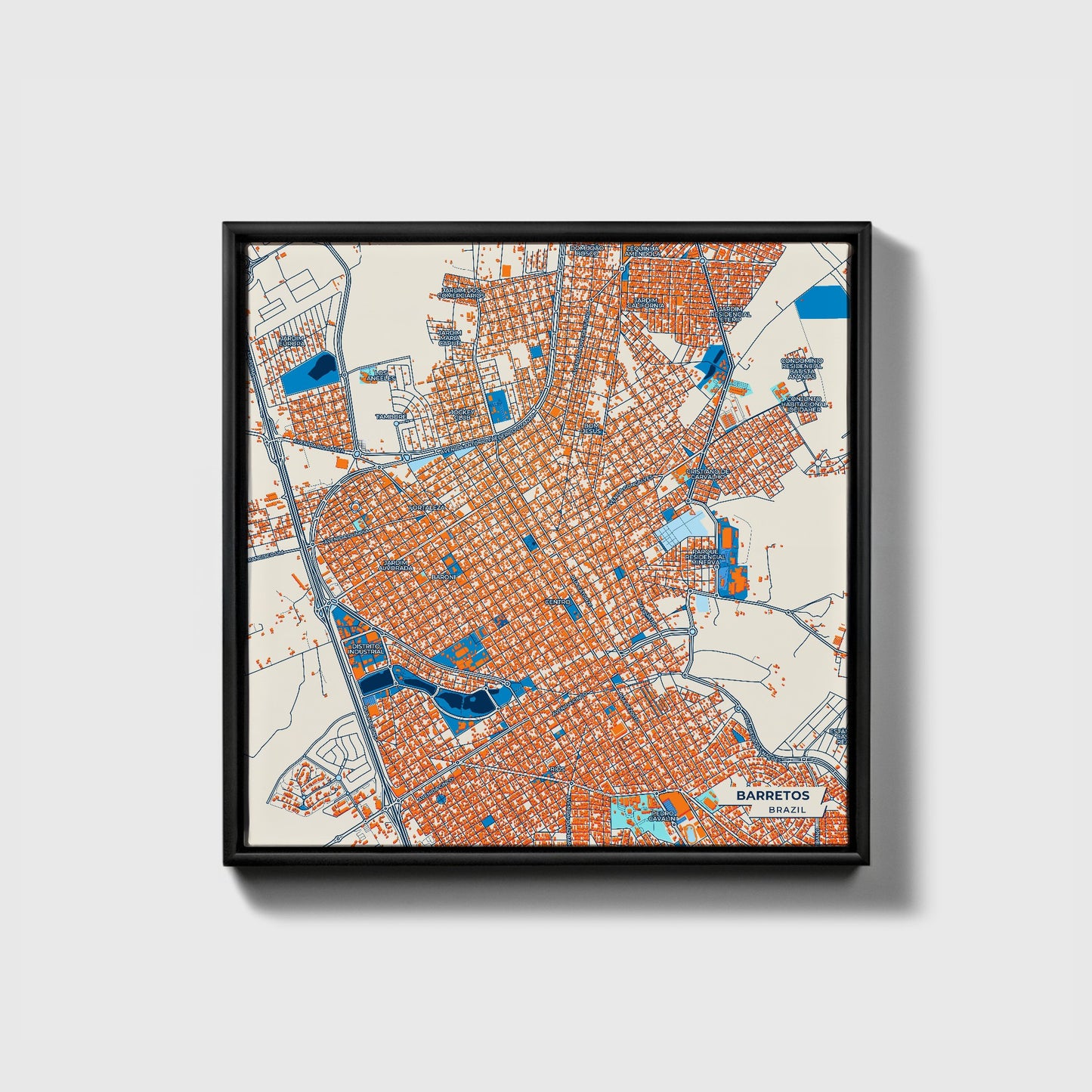 Barretos Brazil Colorful City Map Canvas Print • Black Framed