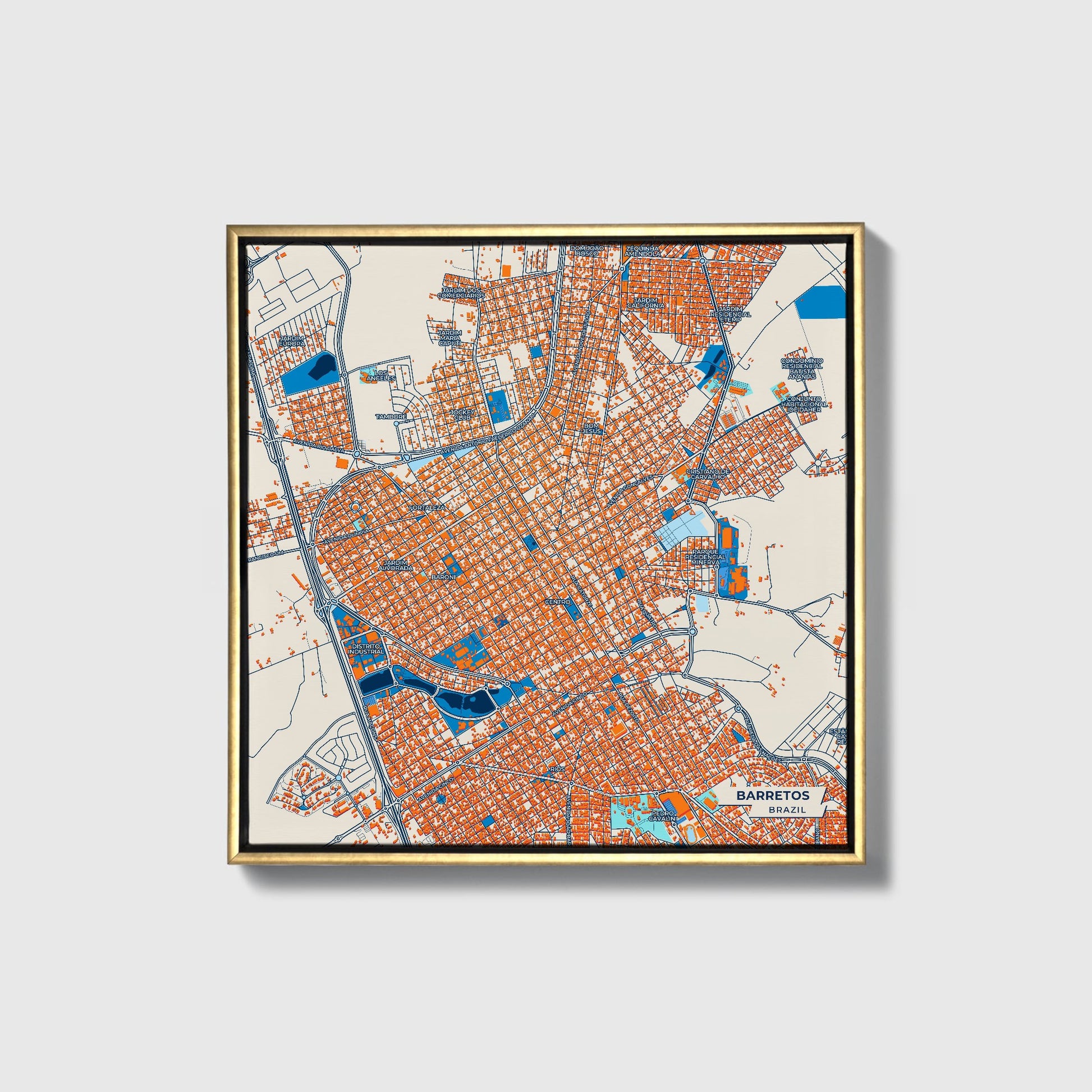 Barretos Brazil Colorful City Map Canvas Print • Gold Framed