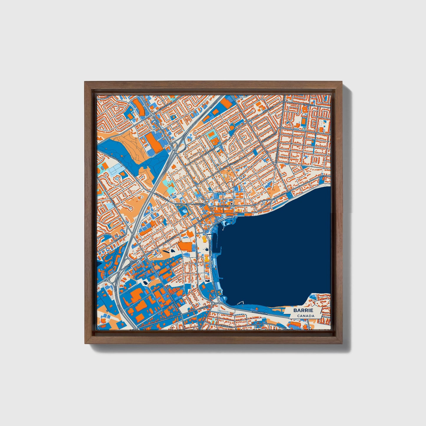 Barrie Canada Colorful City Map Canvas Print • Dark Wooden Framed