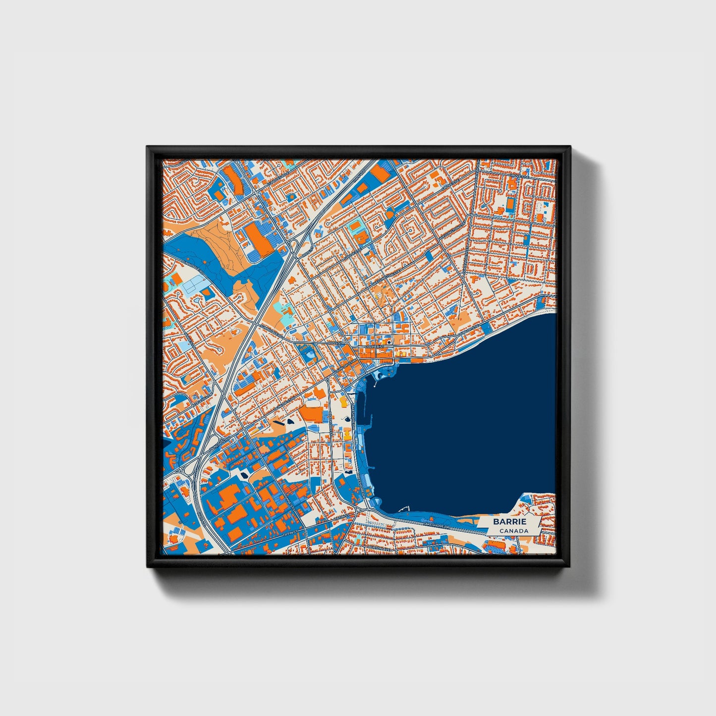 Barrie Canada Colorful City Map Canvas Print • Black Framed