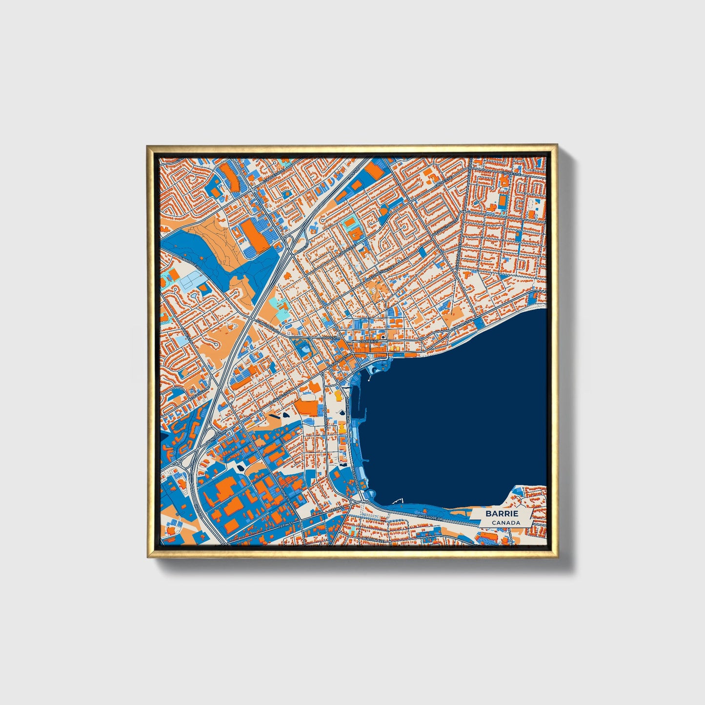 Barrie Canada Colorful City Map Canvas Print • Gold Framed