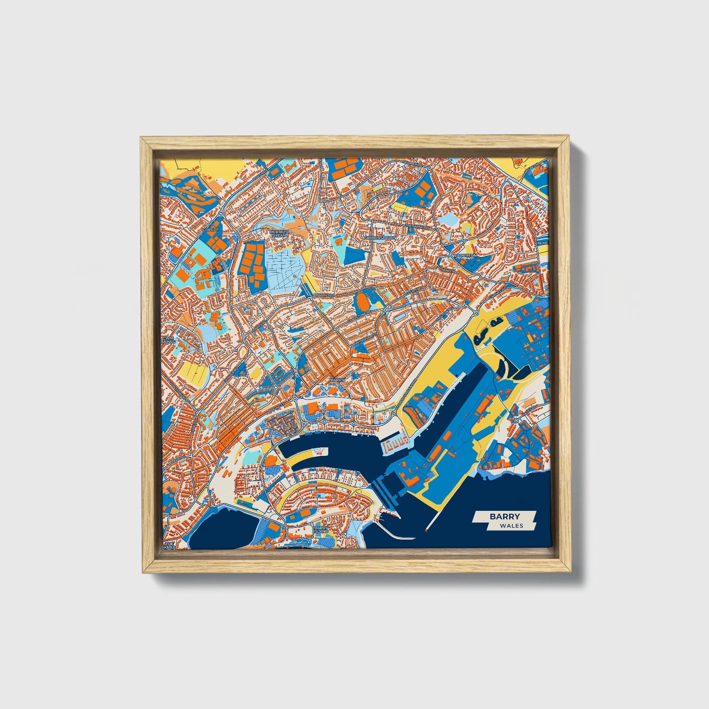 Barry Wales Colorful City Map Canvas Print • Natural Wooden Framed