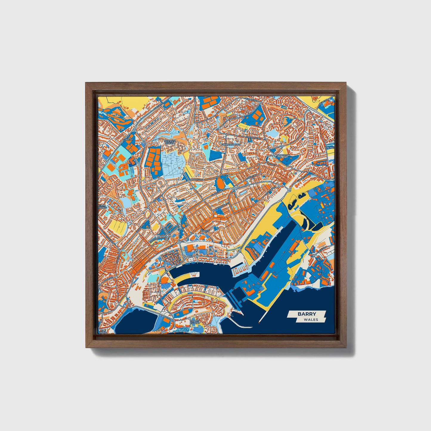 Barry Wales Colorful City Map Canvas Print • Dark Wooden Framed