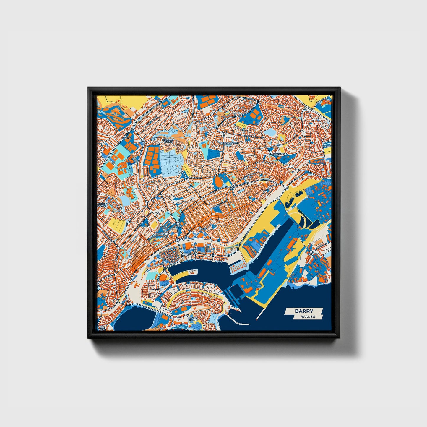 Barry Wales Colorful City Map Canvas Print • Black Framed