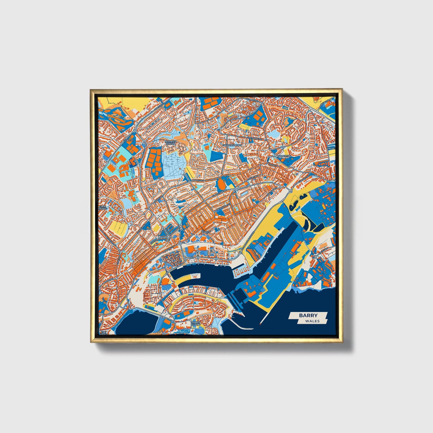 Barry Wales Colorful City Map Canvas Print • Gold Framed