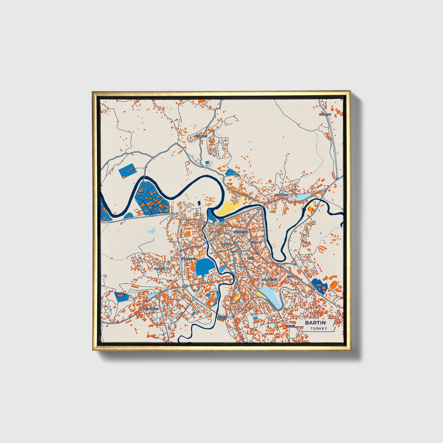 Bartin Turkey Colorful City Map Canvas Print • Gold Framed
