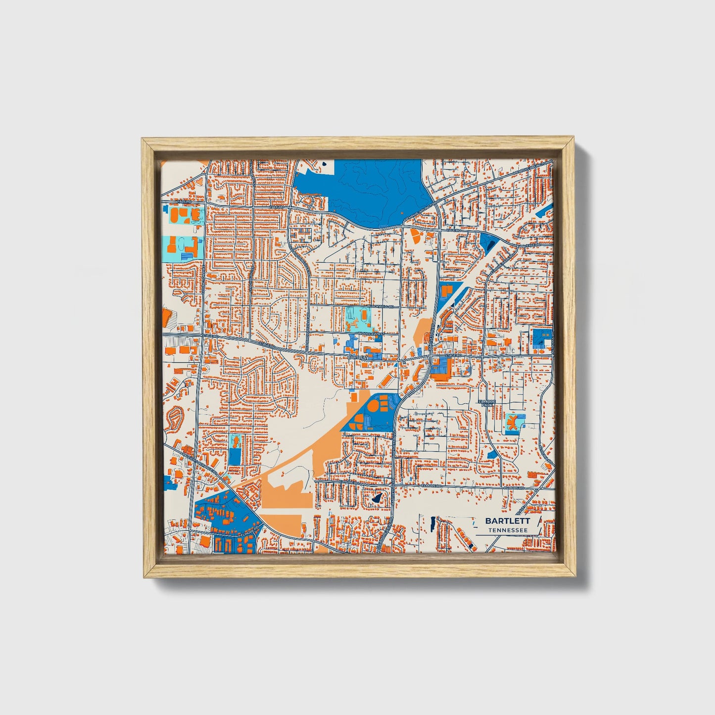 Bartlett Tennessee Colorful City Map Canvas Print • Natural Wooden Framed
