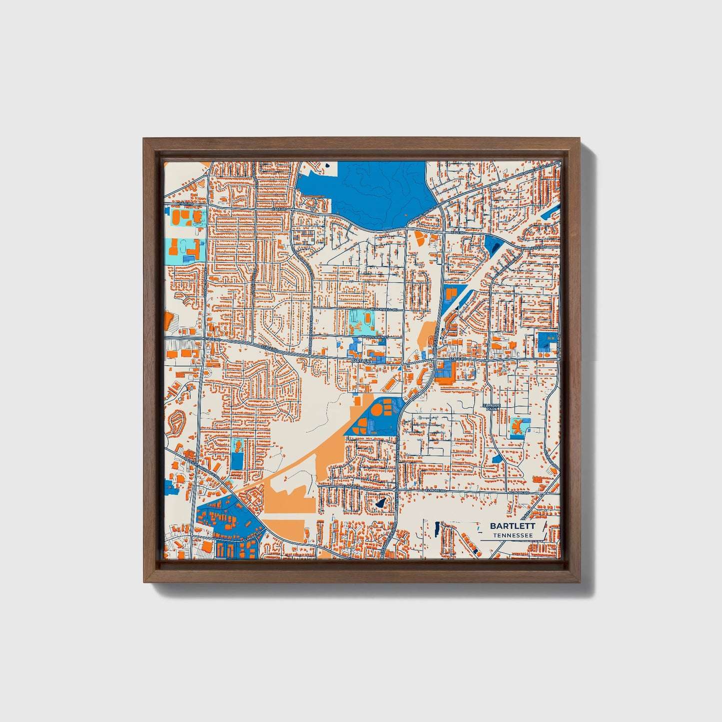 Bartlett Tennessee Colorful City Map Canvas Print • Dark Wooden Framed