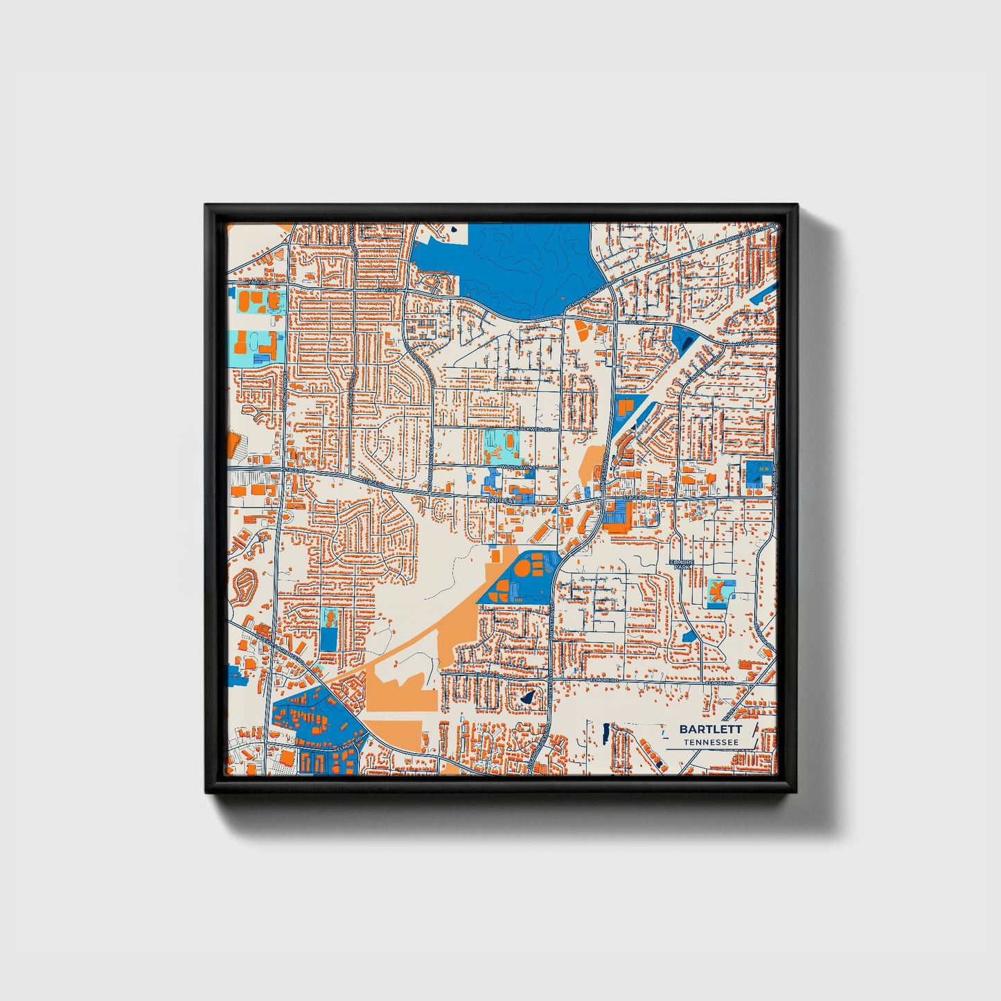 Bartlett Tennessee Colorful City Map Canvas Print • Black Framed
