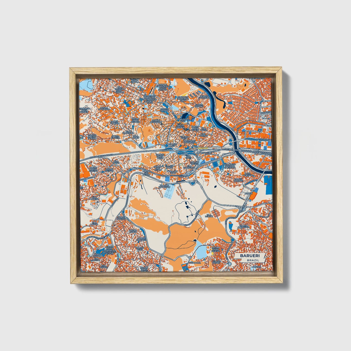 Barueri Brazil Colorful City Map Canvas Print • Natural Wooden Framed