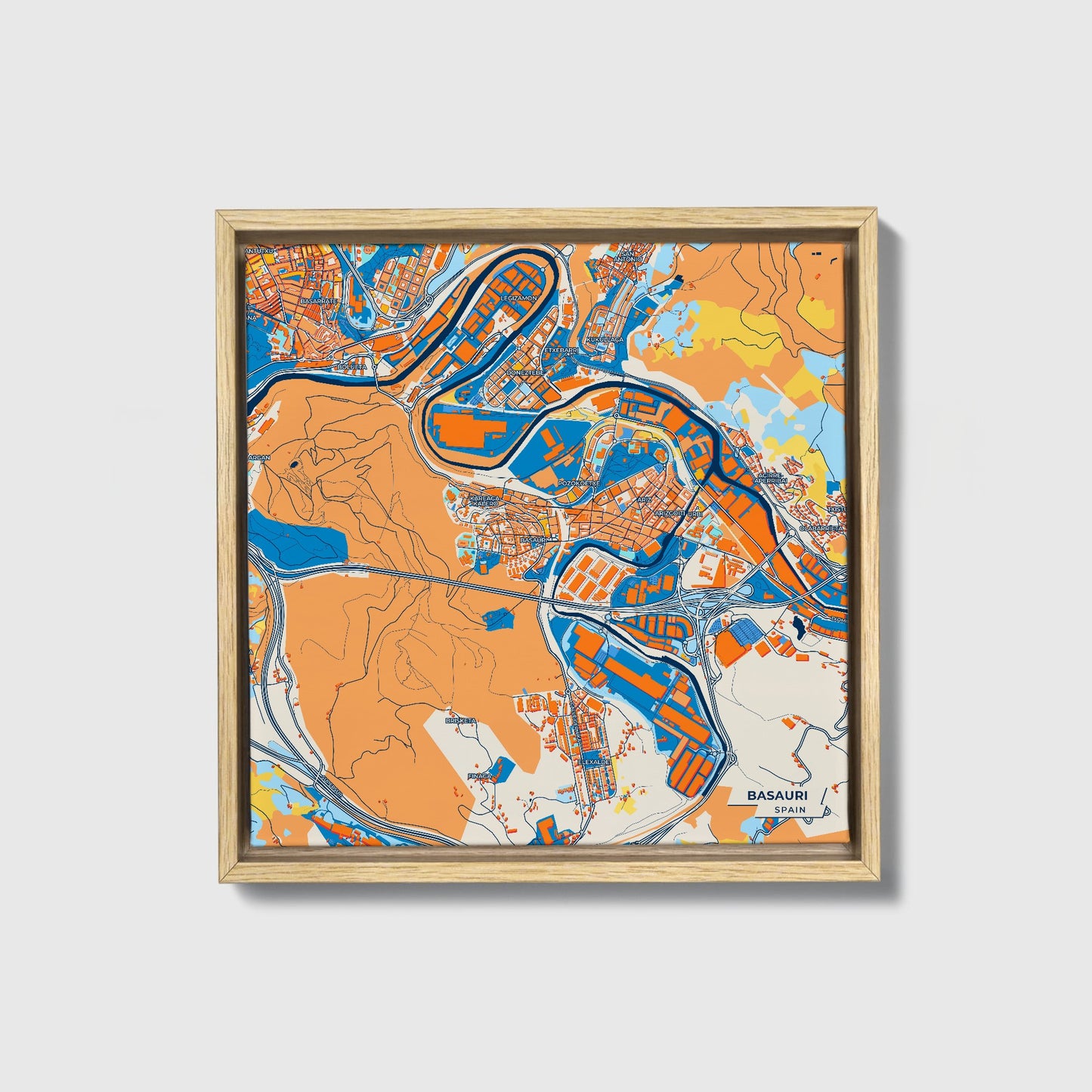 Basauri Spain Colorful City Map Canvas Print • Natural Wooden Framed
