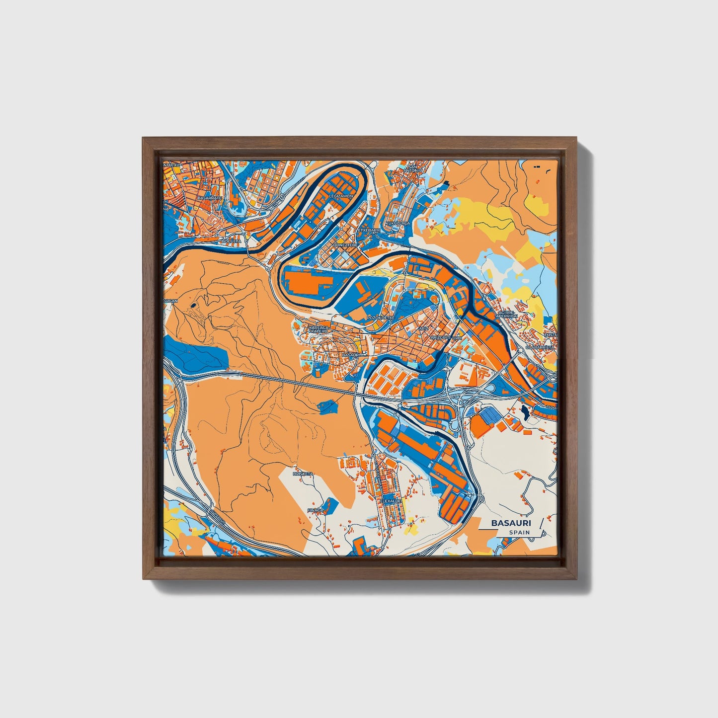 Basauri Spain Colorful City Map Canvas Print • Dark Wooden Framed