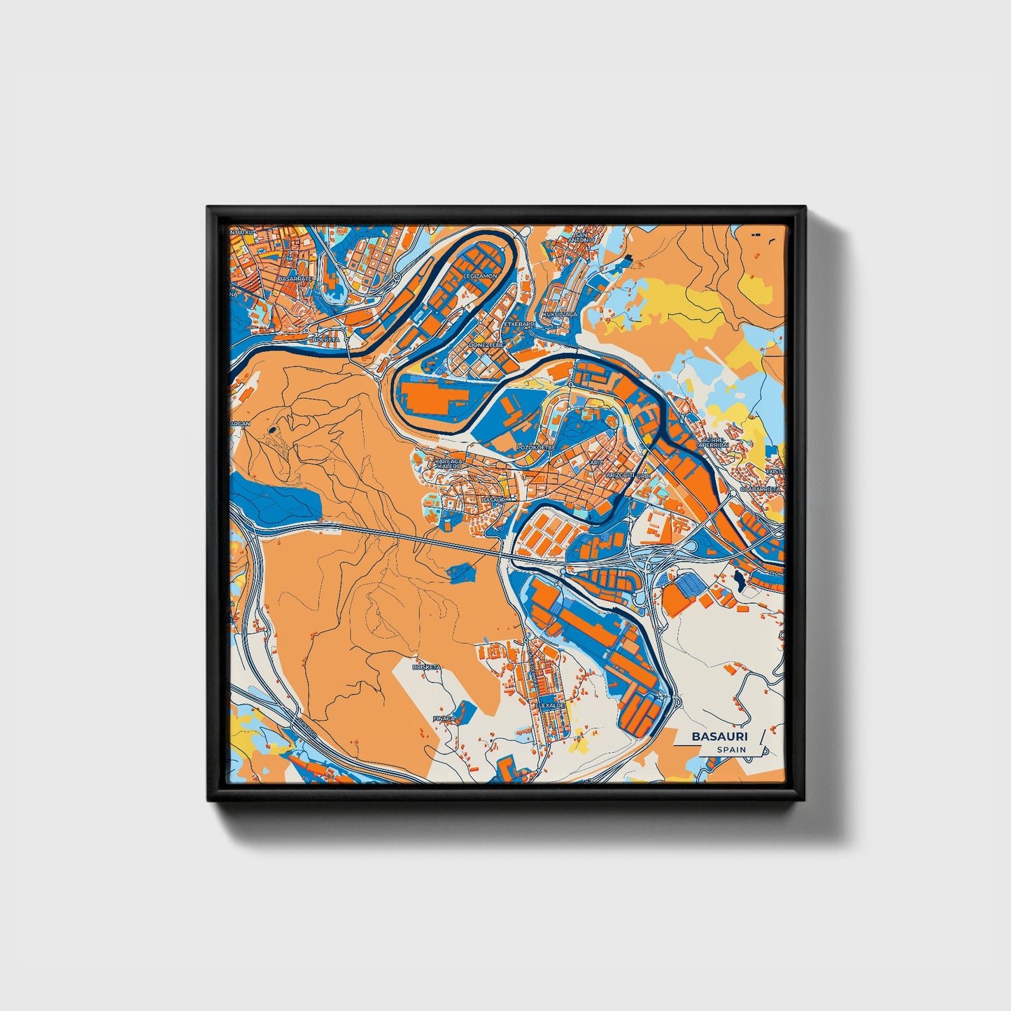 Basauri Spain Colorful City Map Canvas Print • Black Framed