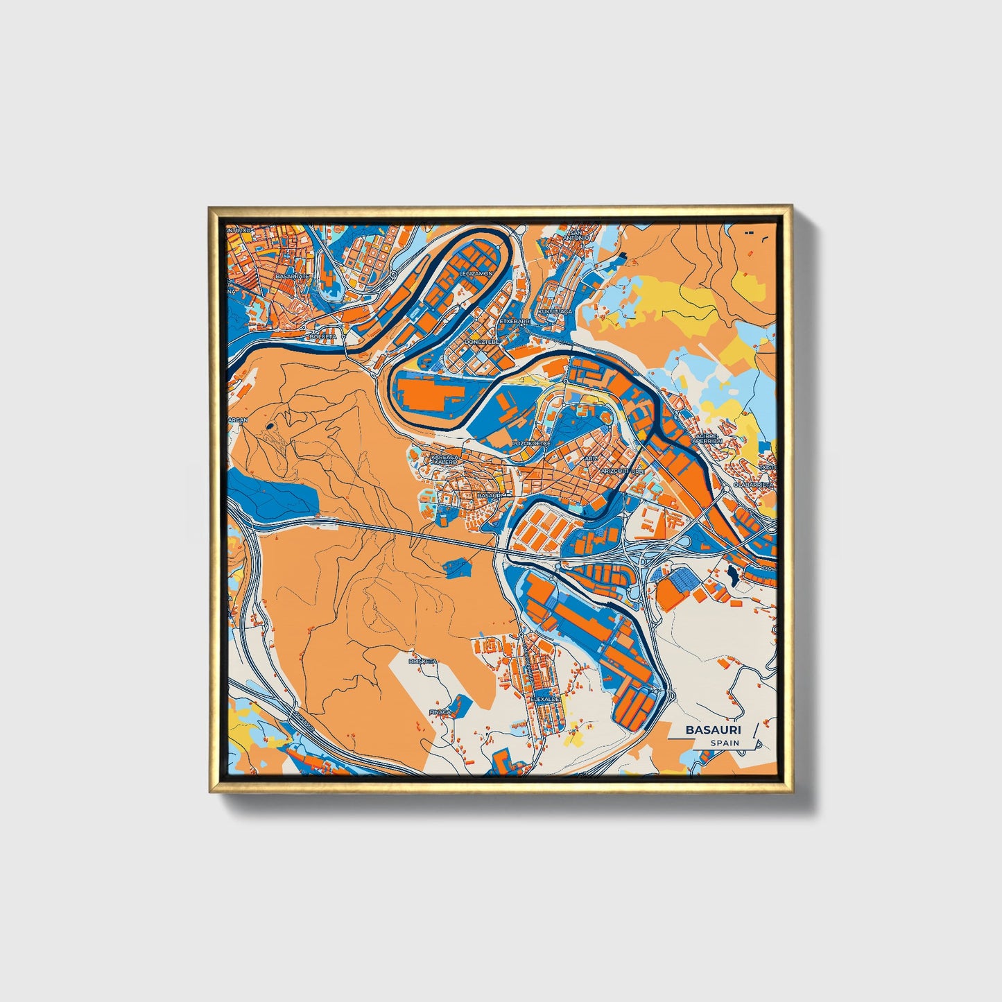 Basauri Spain Colorful City Map Canvas Print • Gold Framed