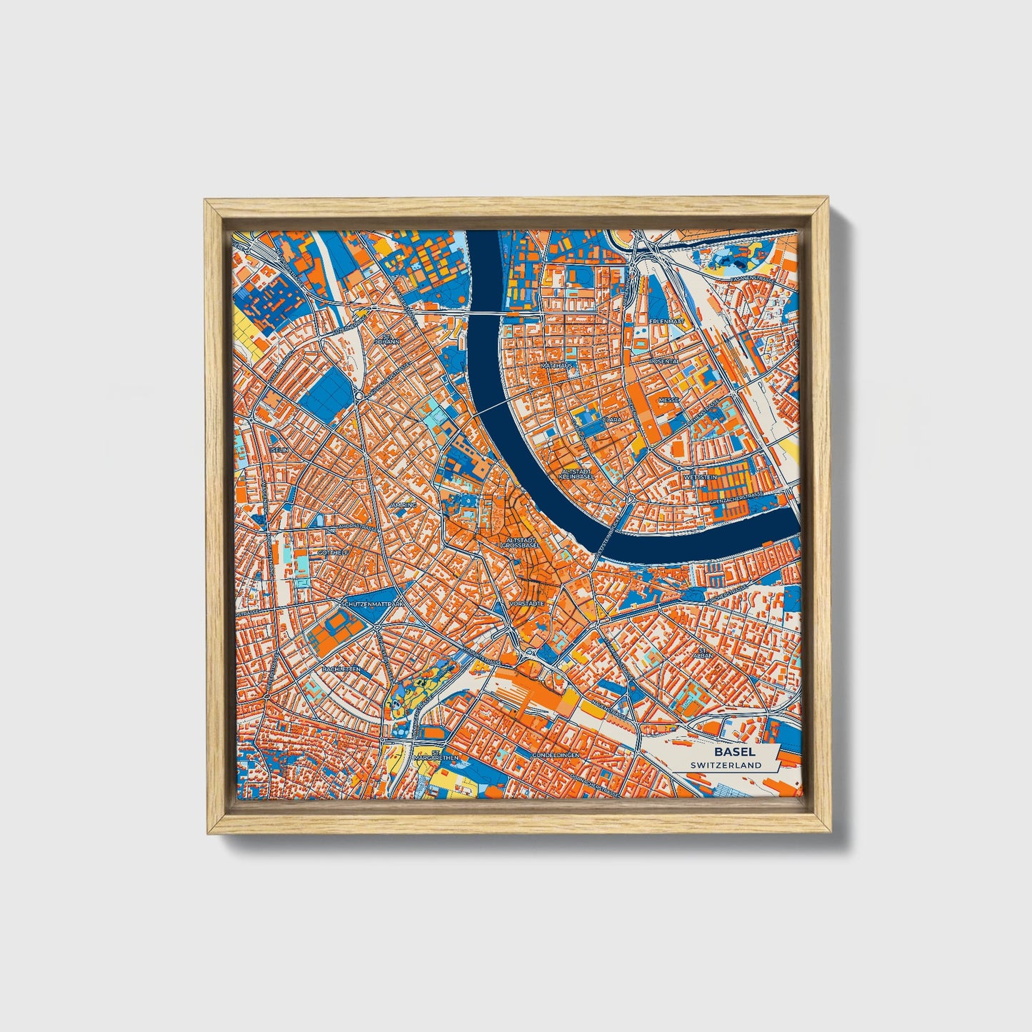 Basel Switzerland Colorful City Map Canvas Print • Natural Wooden Framed