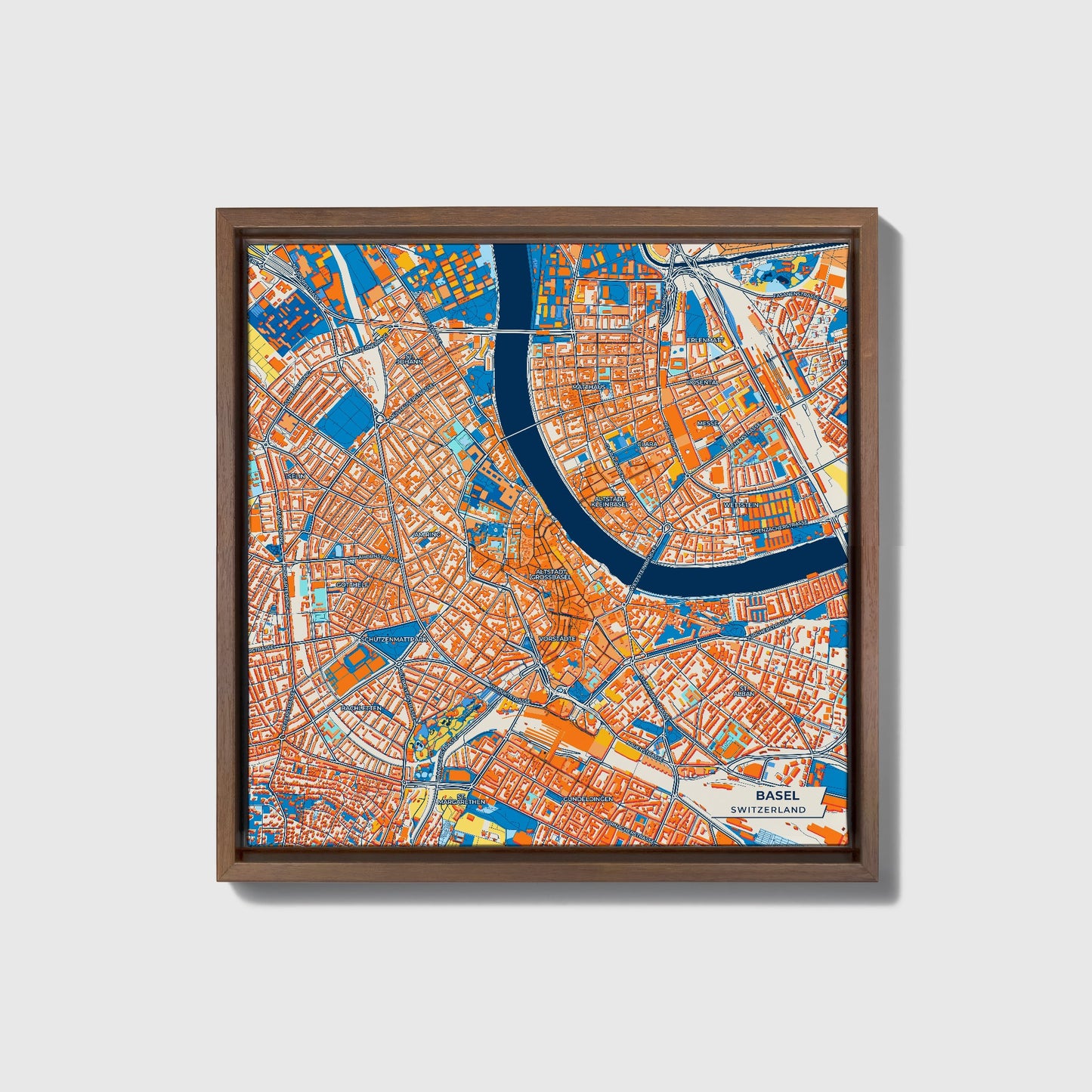 Basel Switzerland Colorful City Map Canvas Print • Dark Wooden Framed