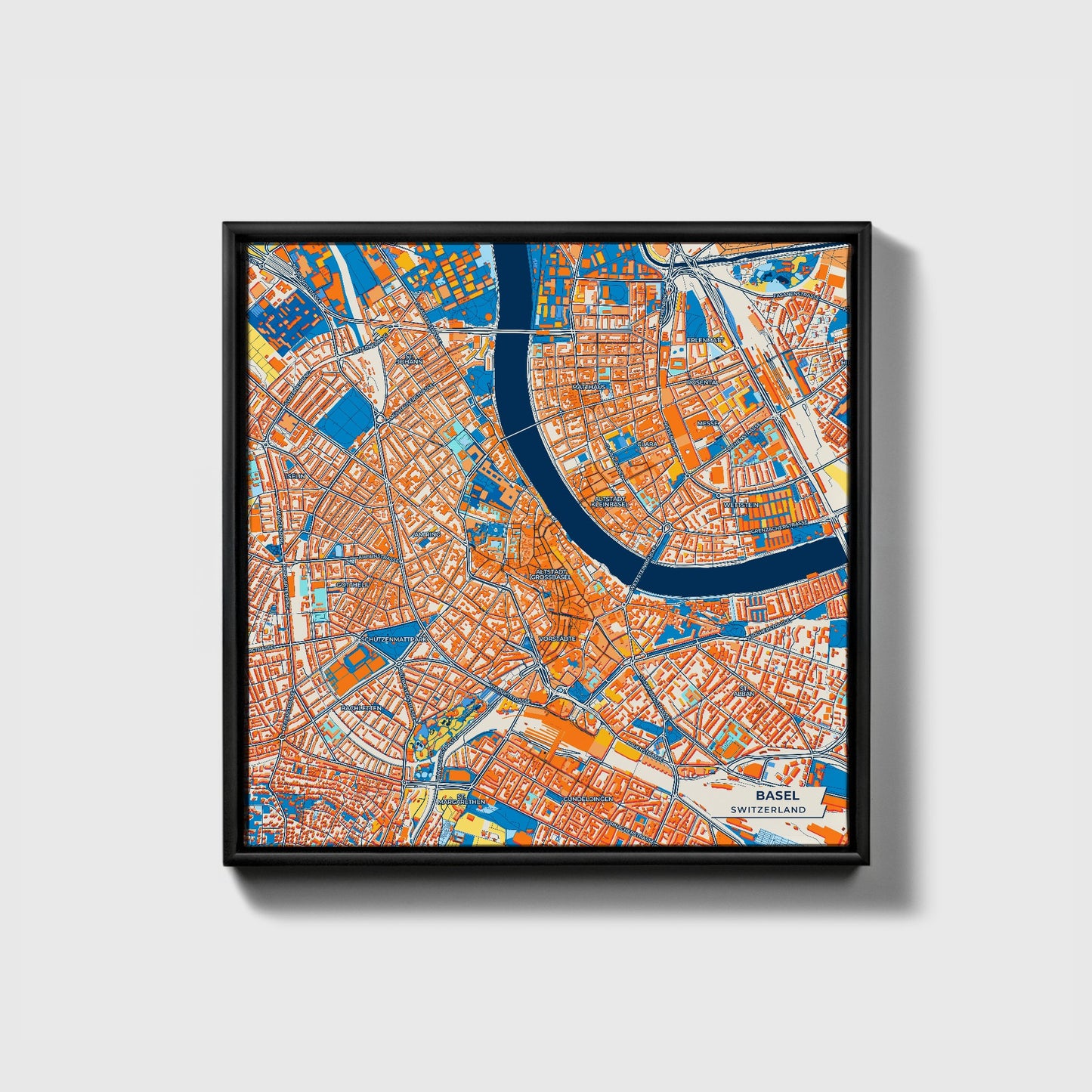 Basel Switzerland Colorful City Map Canvas Print • Black Framed