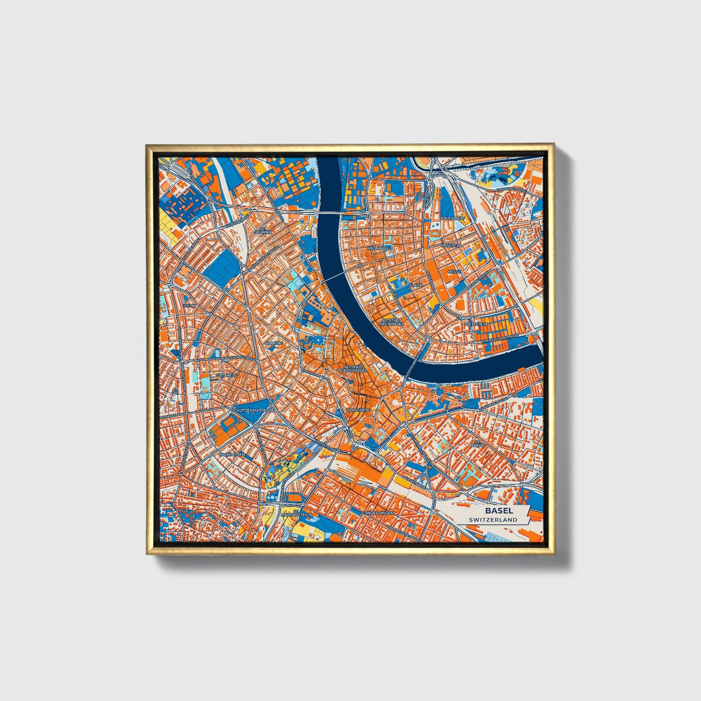 Basel Switzerland Colorful City Map Canvas Print • Gold Framed