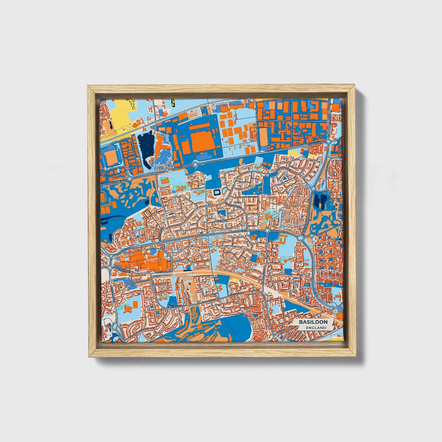 Basildon England Colorful City Map Canvas Print • Natural Wooden Framed