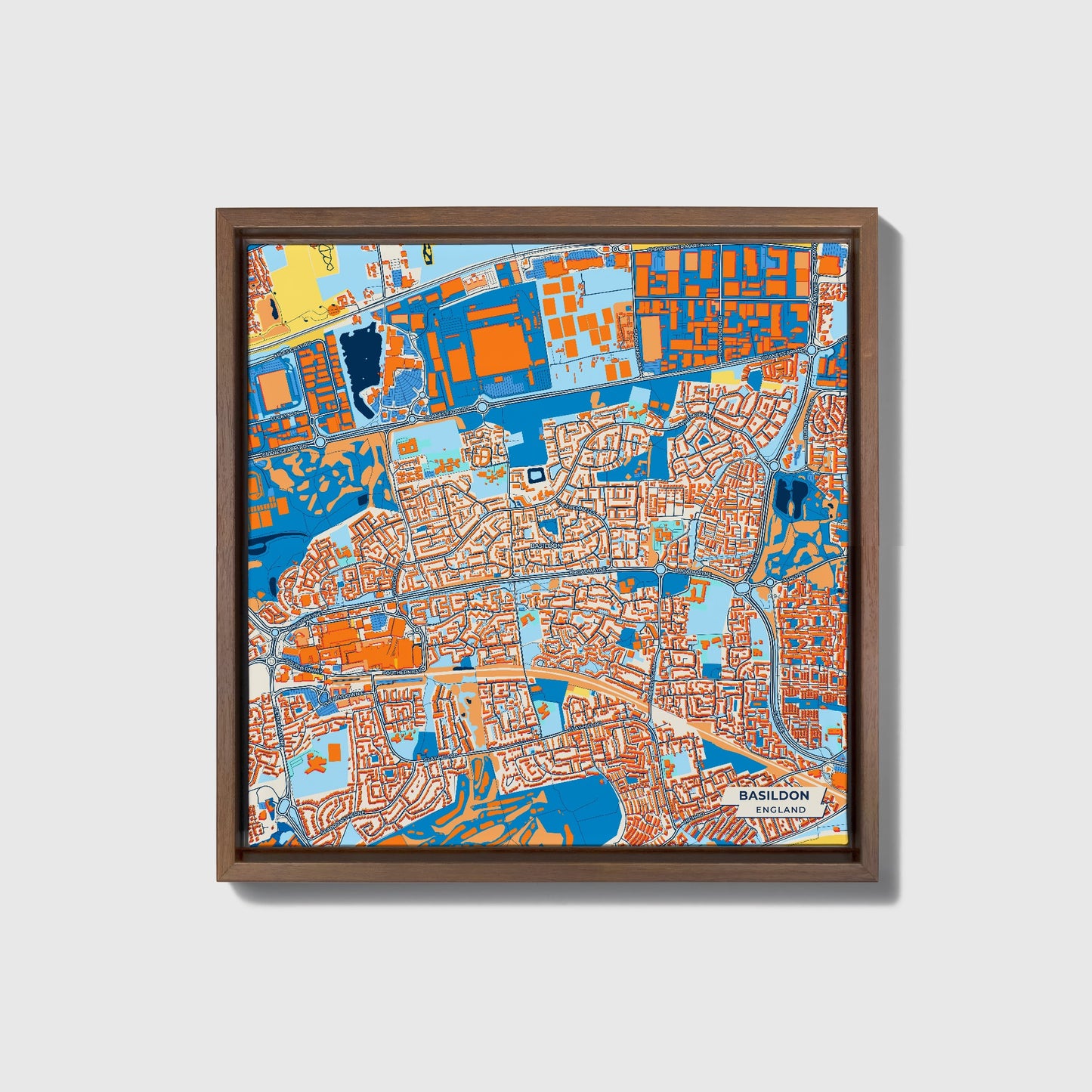 Basildon England Colorful City Map Canvas Print • Dark Wooden Framed