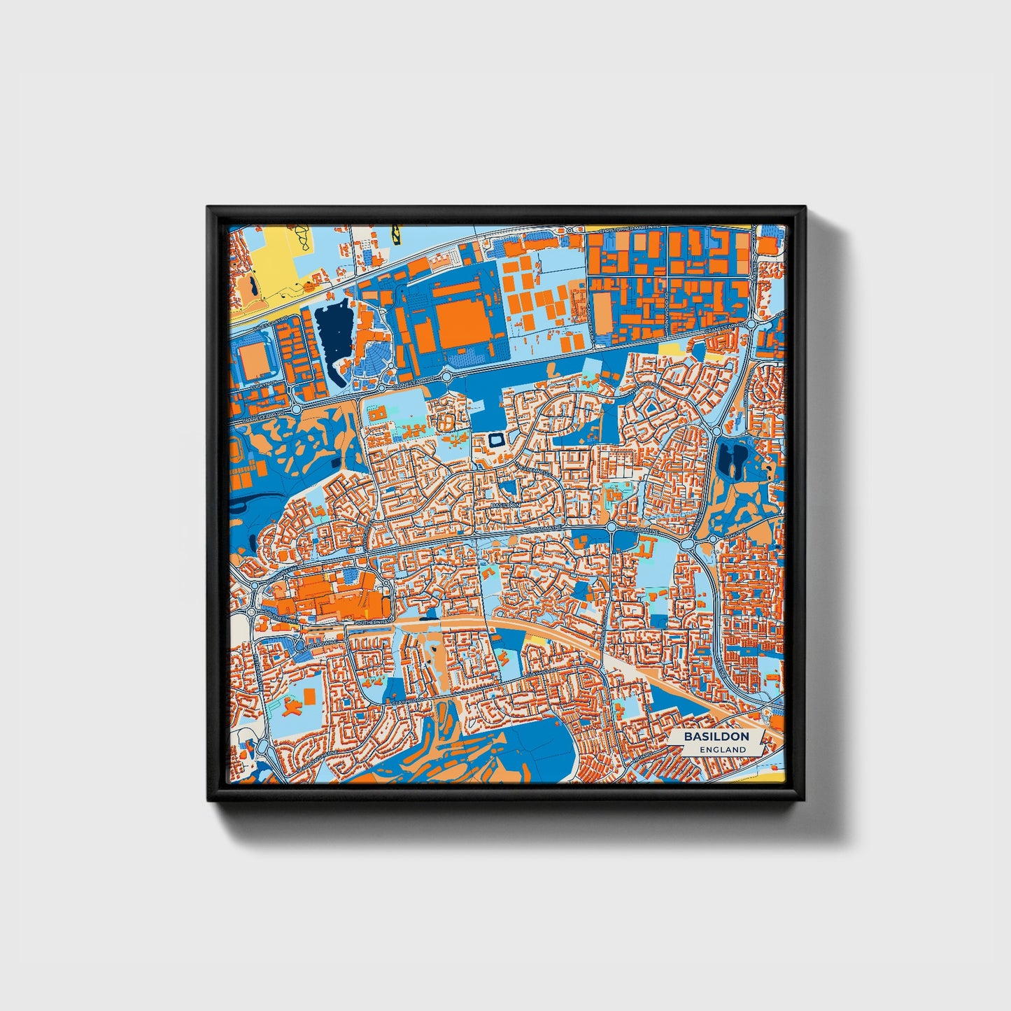 Basildon England Colorful City Map Canvas Print • Black Framed
