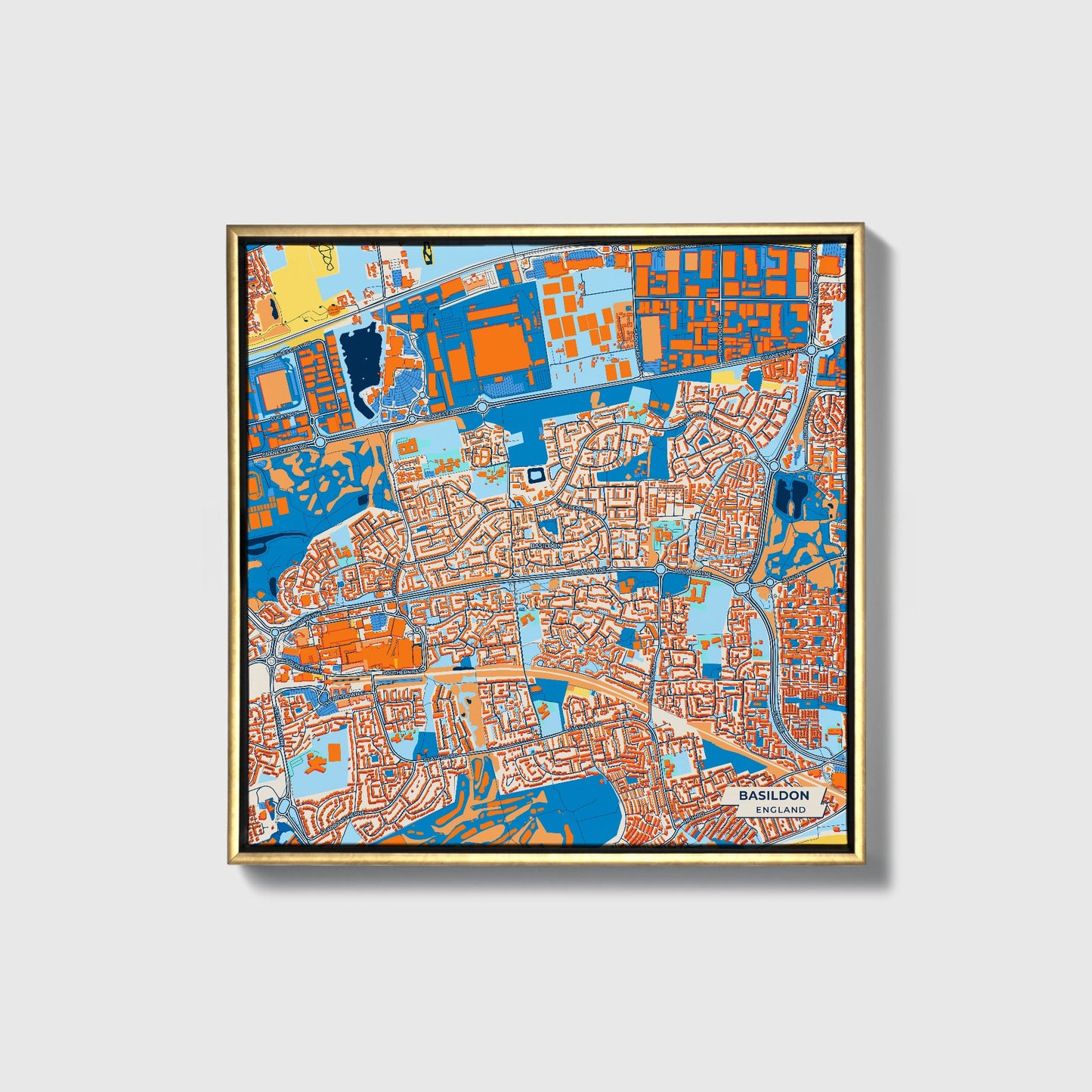 Basildon England Colorful City Map Canvas Print • Gold Framed