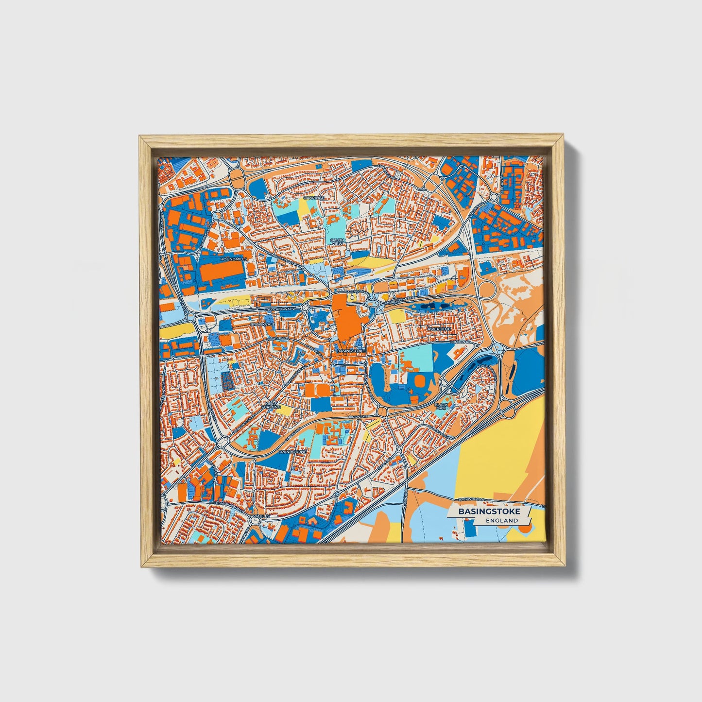 Basingstoke England Colorful City Map Canvas Print • Natural Wooden Framed