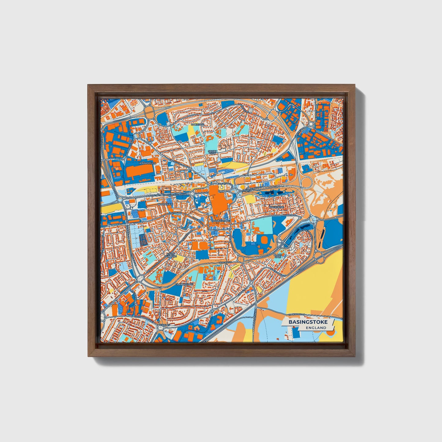 Basingstoke England Colorful City Map Canvas Print • Dark Wooden Framed