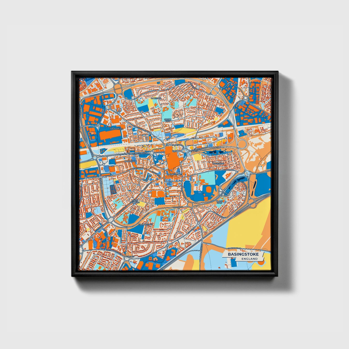 Basingstoke England Colorful City Map Canvas Print • Black Framed