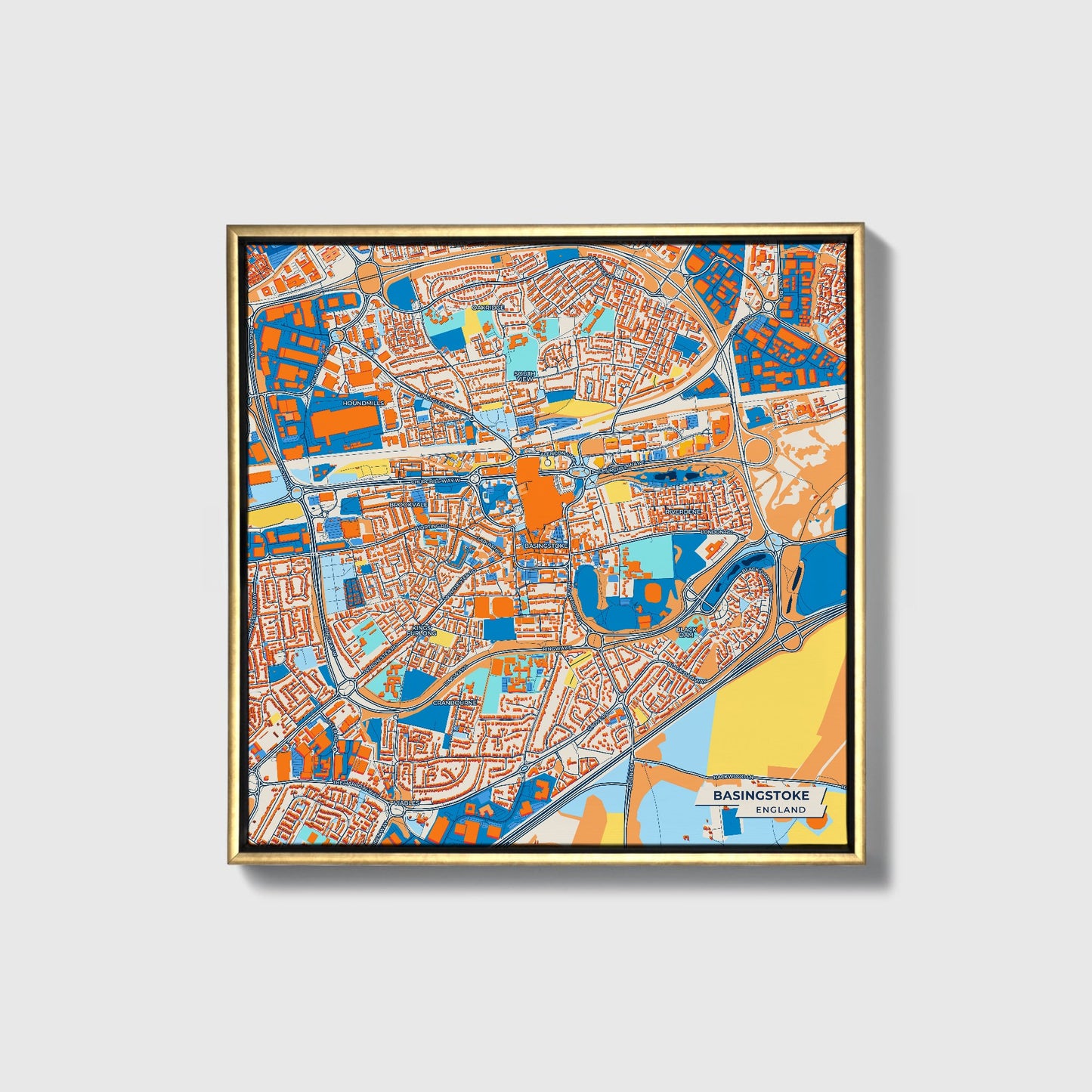Basingstoke England Colorful City Map Canvas Print • Gold Framed