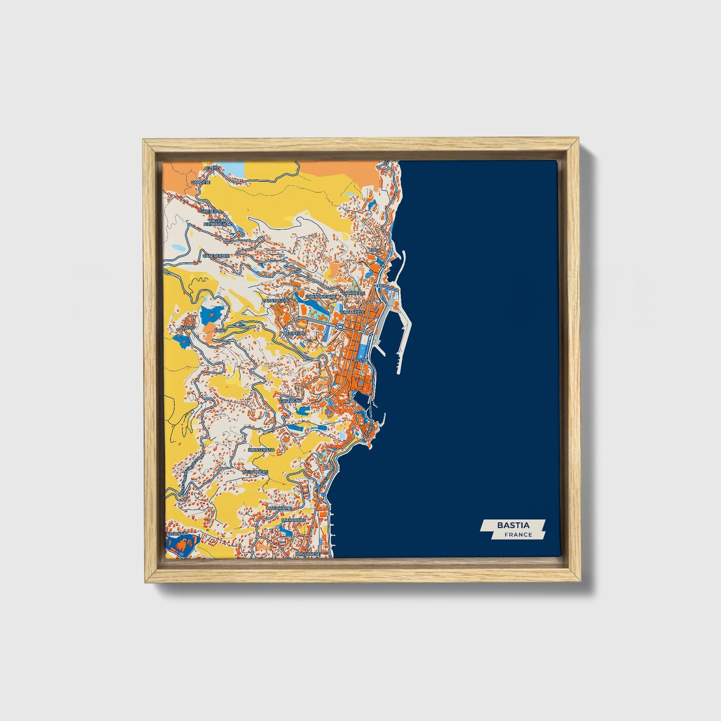 Bastia France Colorful City Map Canvas Print • Natural Wooden Framed