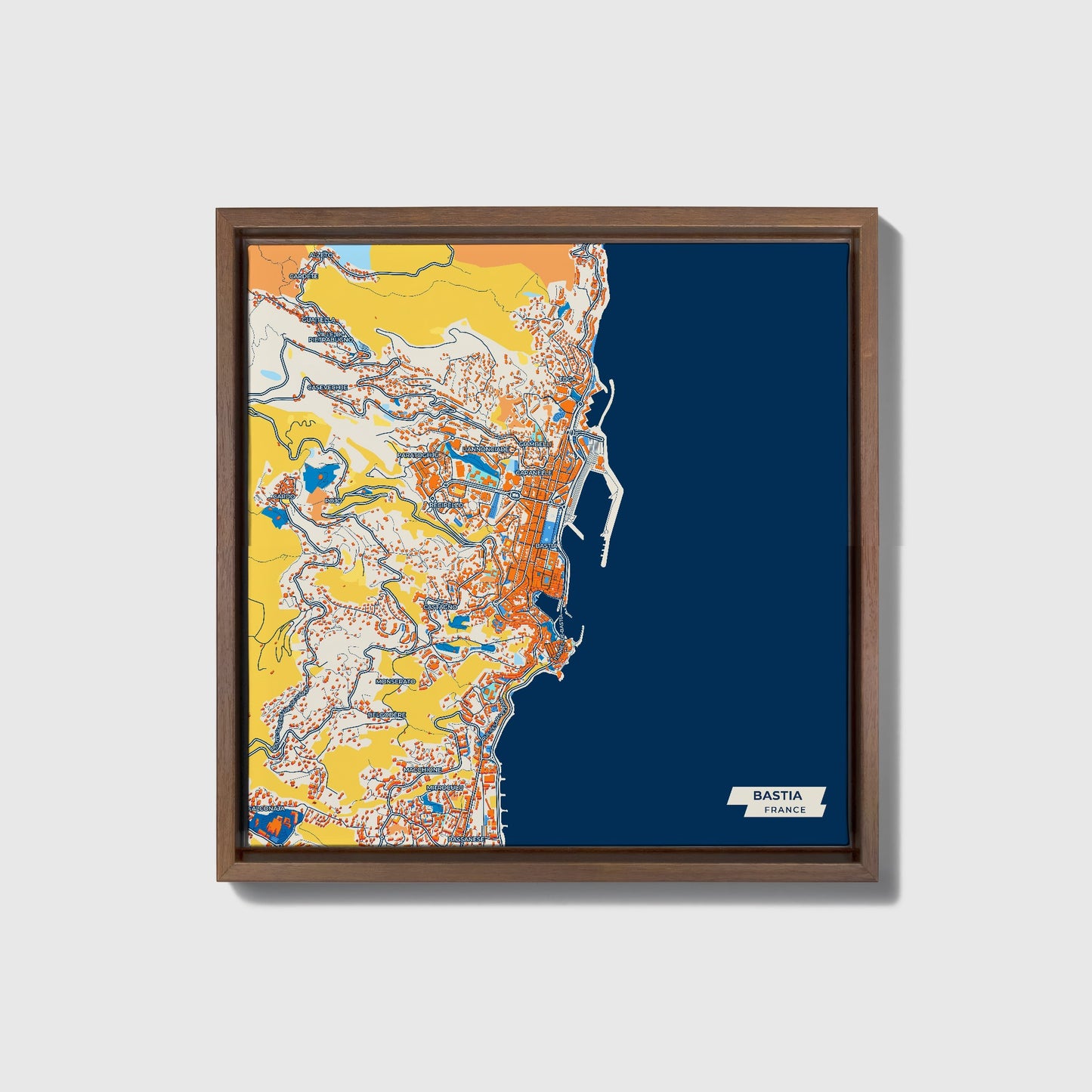Bastia France Colorful City Map Canvas Print • Dark Wooden Framed