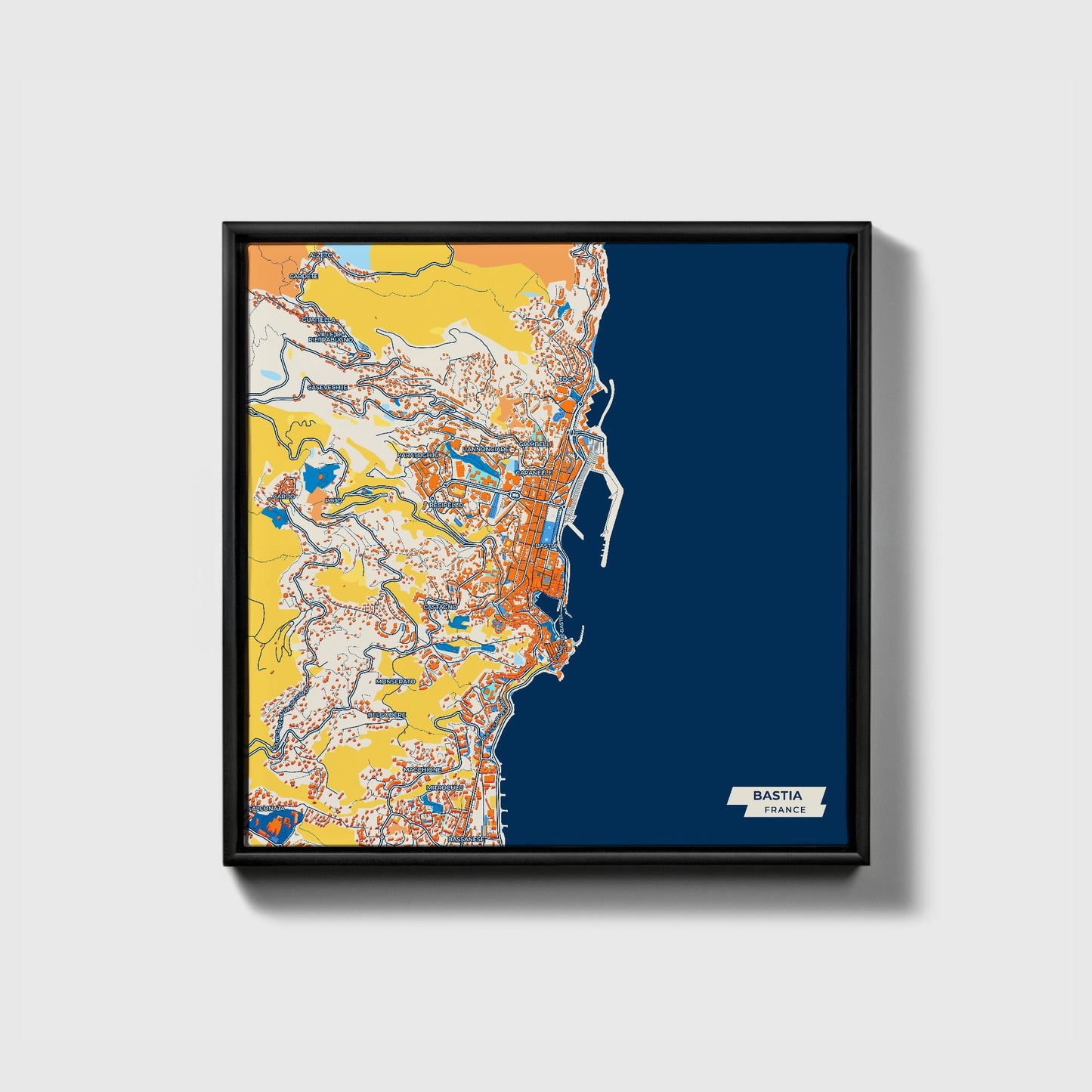 Bastia France Colorful City Map Canvas Print • Black Framed