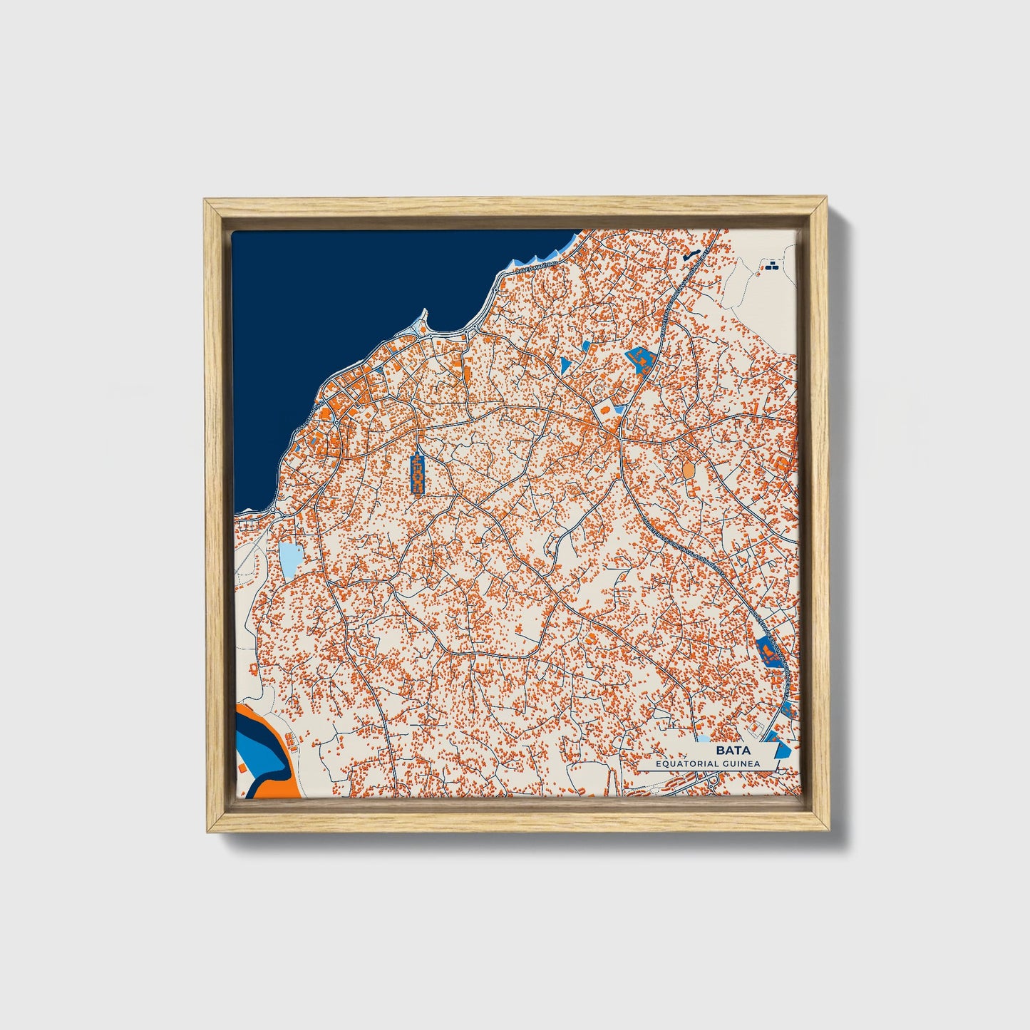 Bata Equatorial Guinea Colorful City Map Canvas Print • Natural Wooden Framed