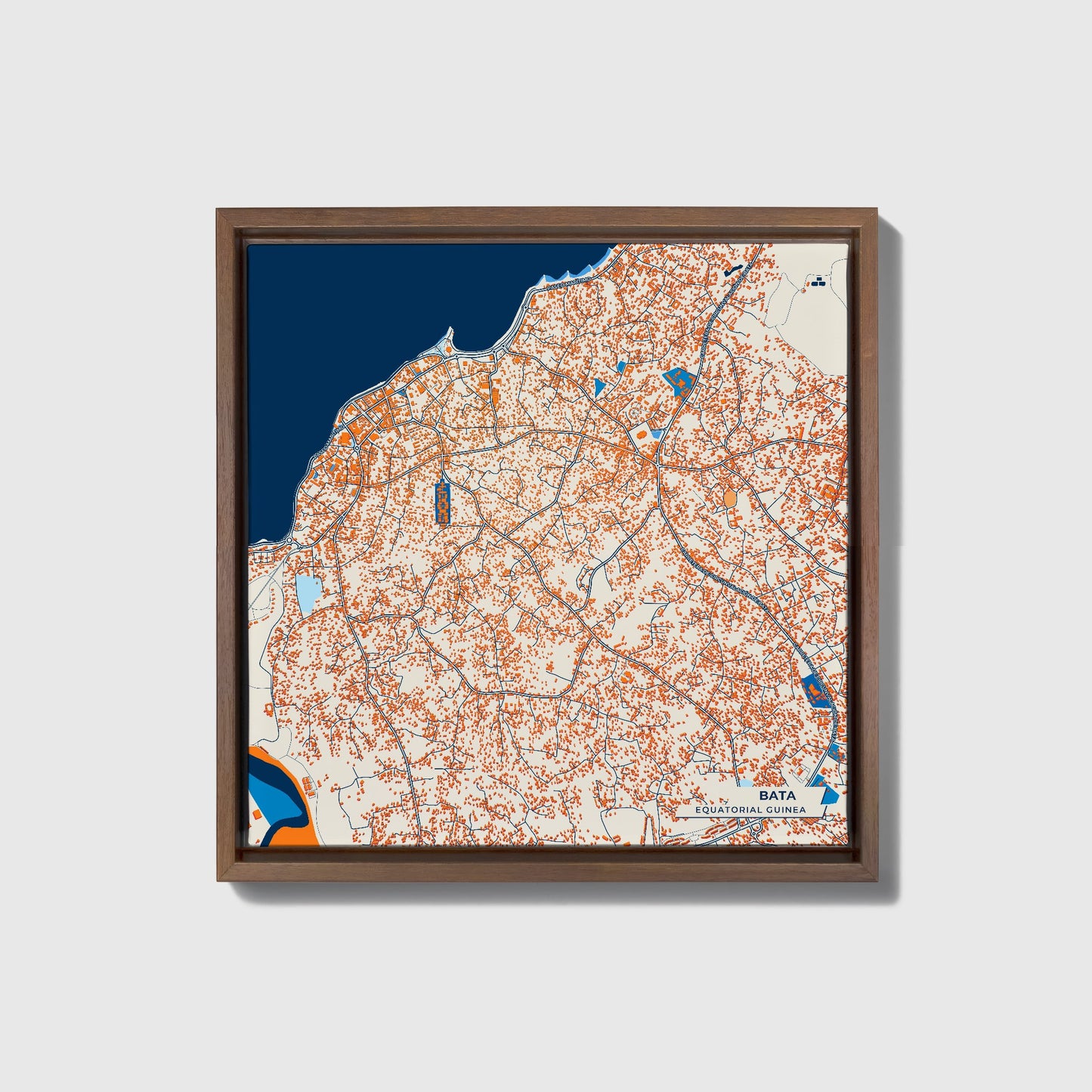 Bata Equatorial Guinea Colorful City Map Canvas Print • Dark Wooden Framed