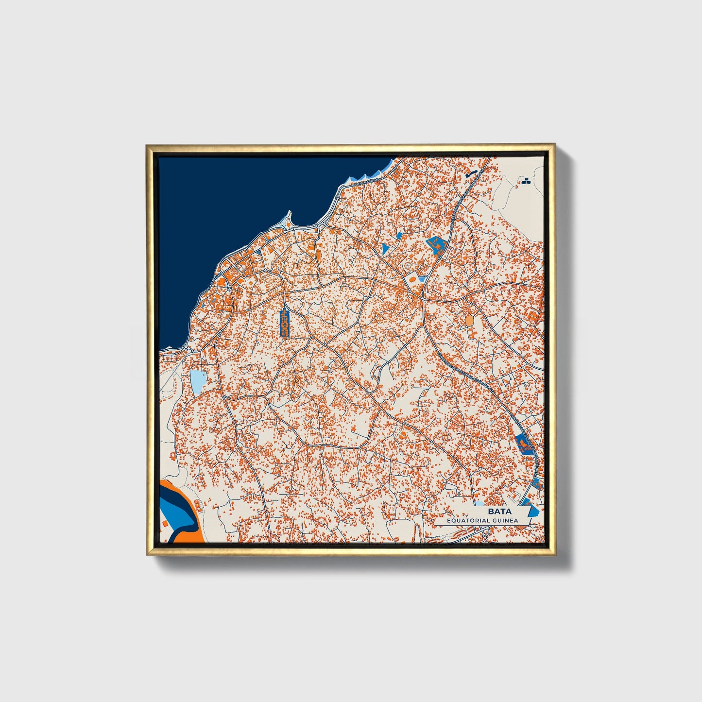 Bata Equatorial Guinea Colorful City Map Canvas Print • Gold Framed