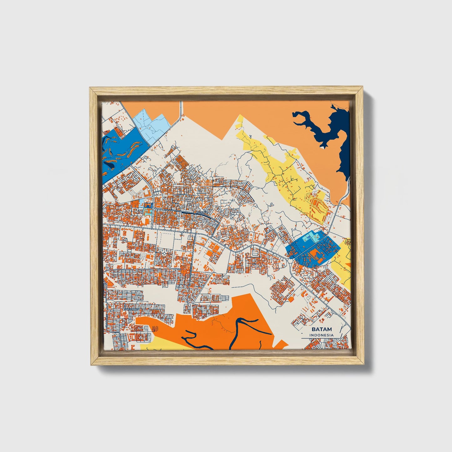 Batam Indonesia Colorful City Map Canvas Print • Natural Wooden Framed