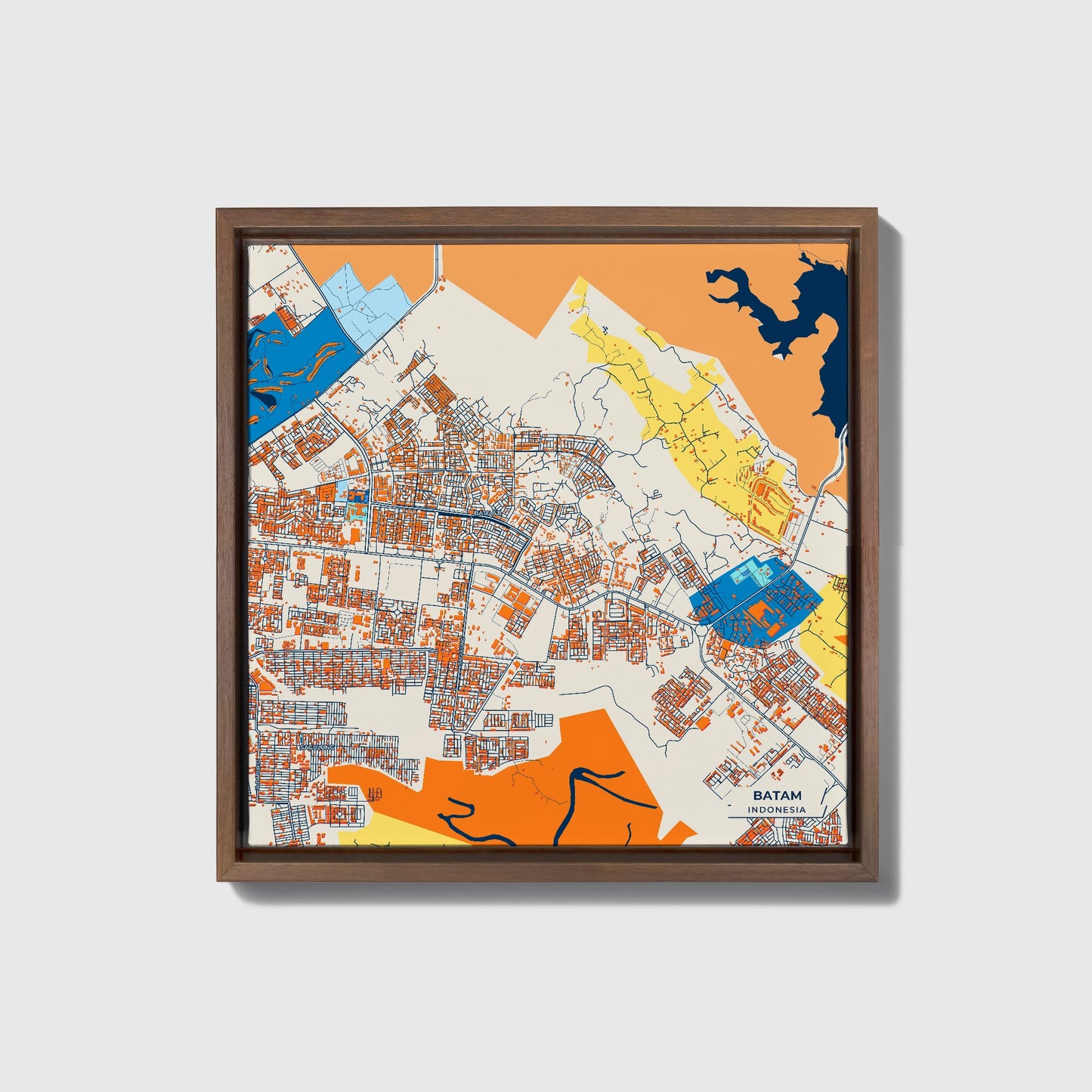 Batam Indonesia Colorful City Map Canvas Print • Dark Wooden Framed