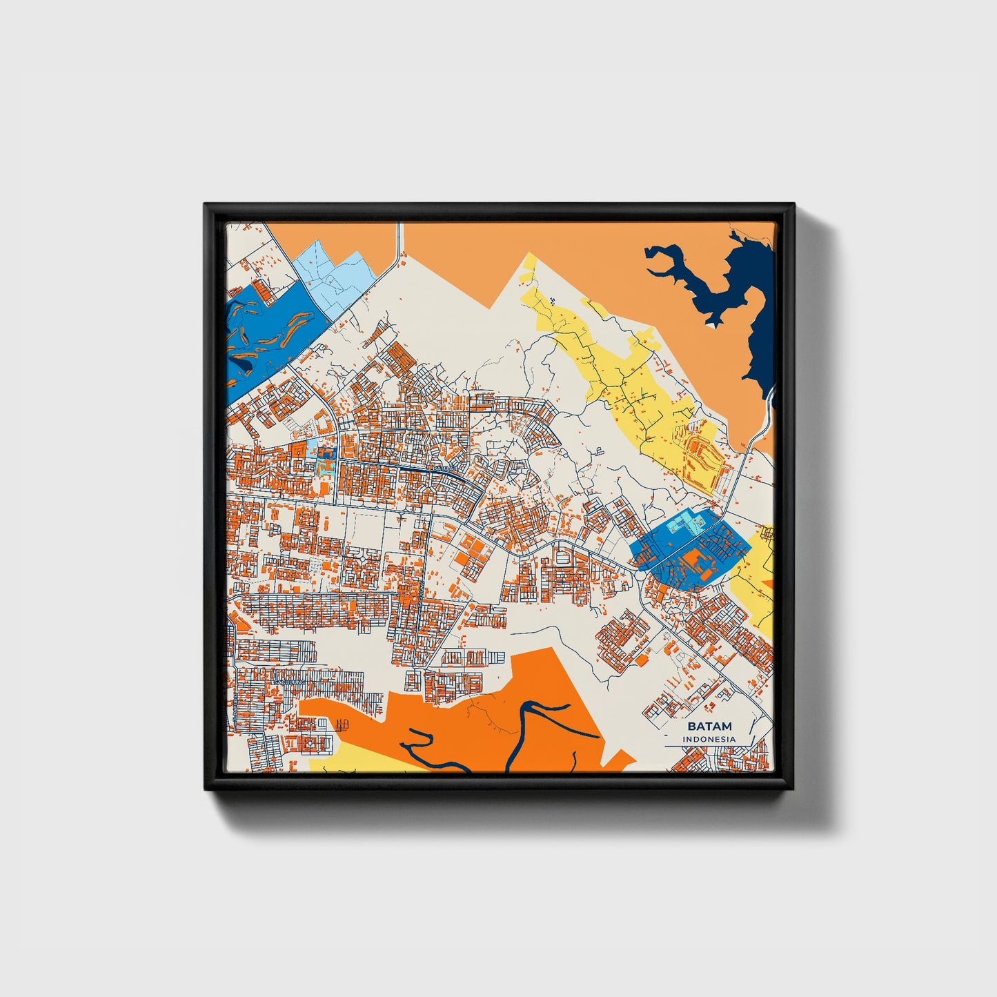 Batam Indonesia Colorful City Map Canvas Print • Black Framed