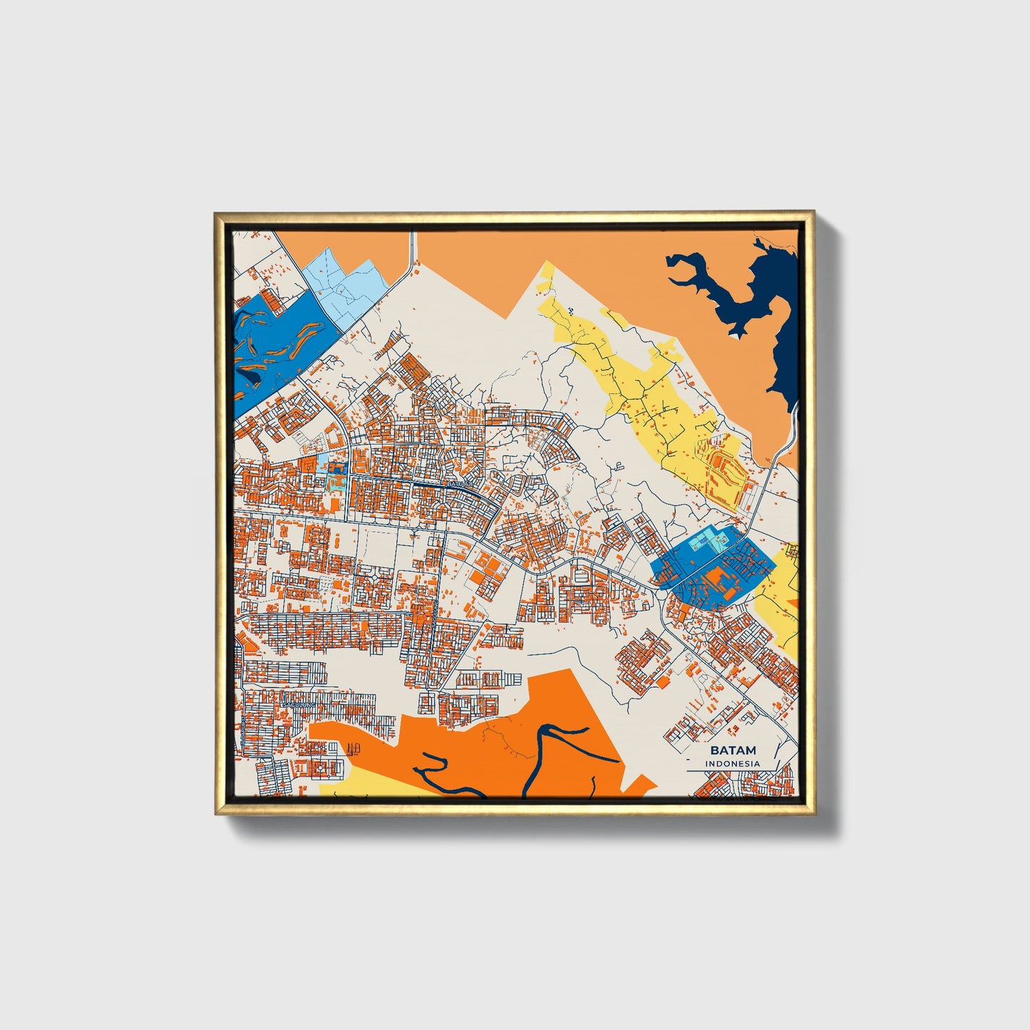 Batam Indonesia Colorful City Map Canvas Print • Gold Framed