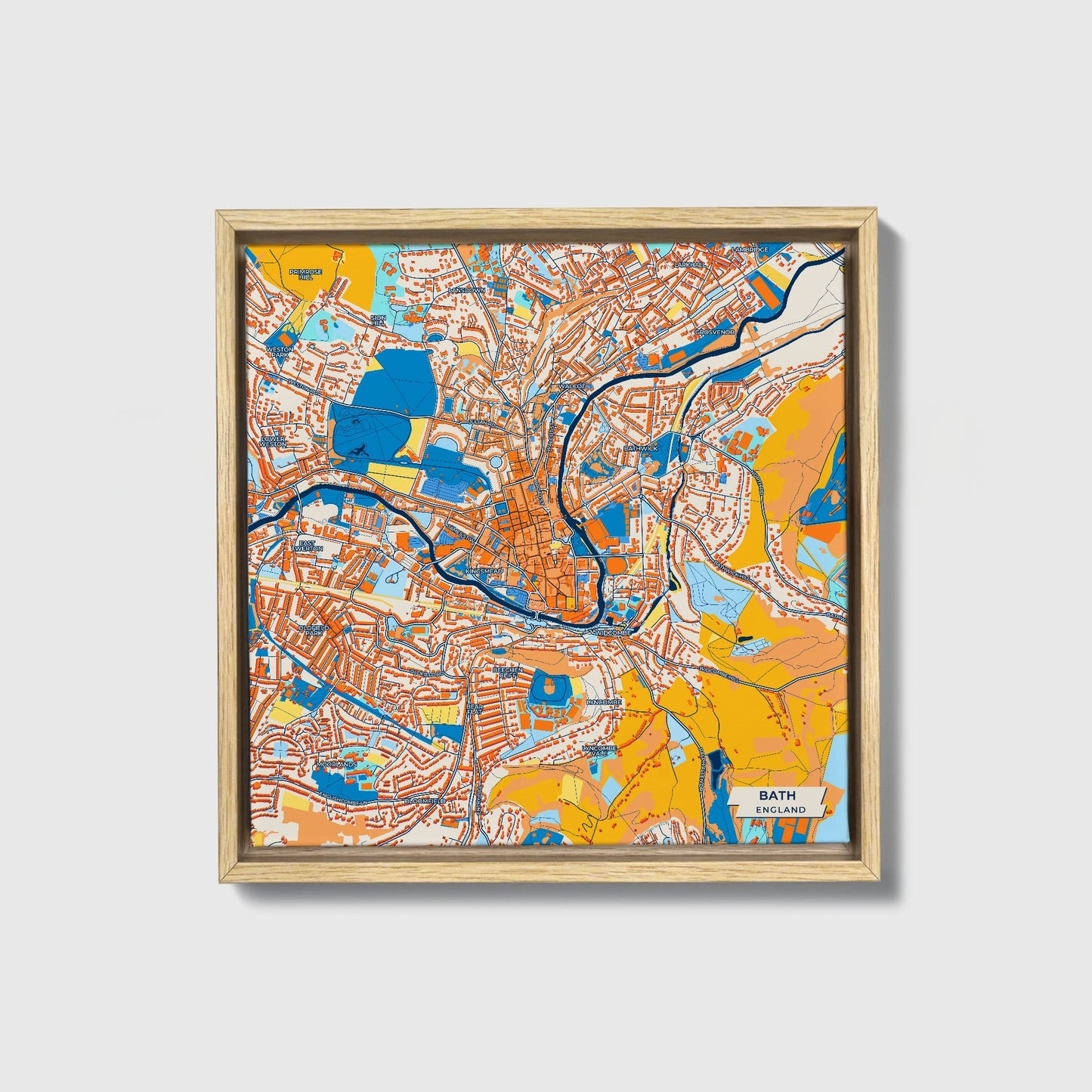 Bath England Colorful City Map Canvas Print • Natural Wooden Framed