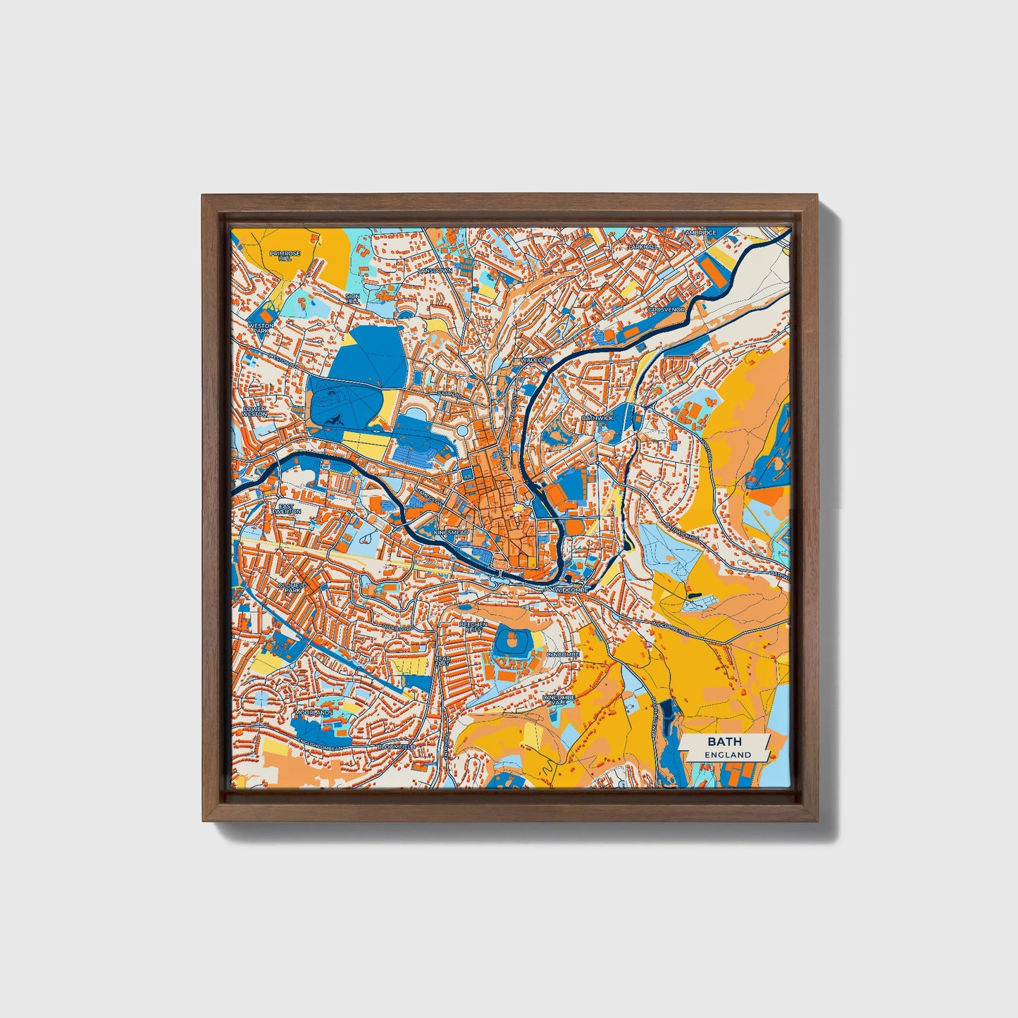 Bath England Colorful City Map Canvas Print • Dark Wooden Framed