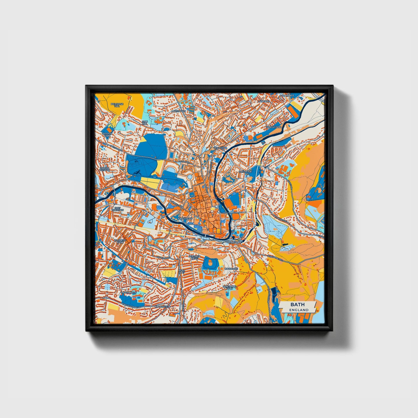 Bath England Colorful City Map Canvas Print • Black Framed
